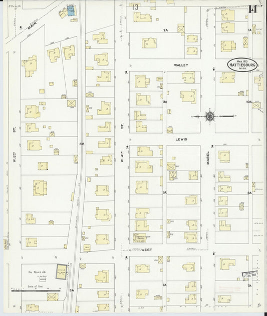 Sanborn Fire Insurance Map from Hattiesburg, Forrest County, Mississippi (1910), Sheet #0014 - Historic Sanborn Fire Insurance Map Print, vintage old map wall art, antique decor, genealogy gift, Mississippi Mississippi map