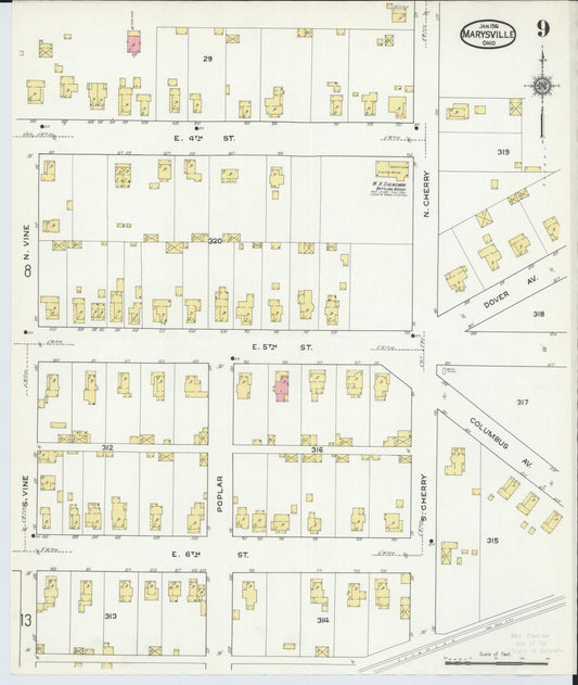 Sanborn Fire Insurance Map from Marysville, Union County, Ohio (1916), Sheet #0009 - Historic Sanborn Fire Insurance Map Print, vintage old map wall art, antique decor, genealogy gift, Ohio Ohio map