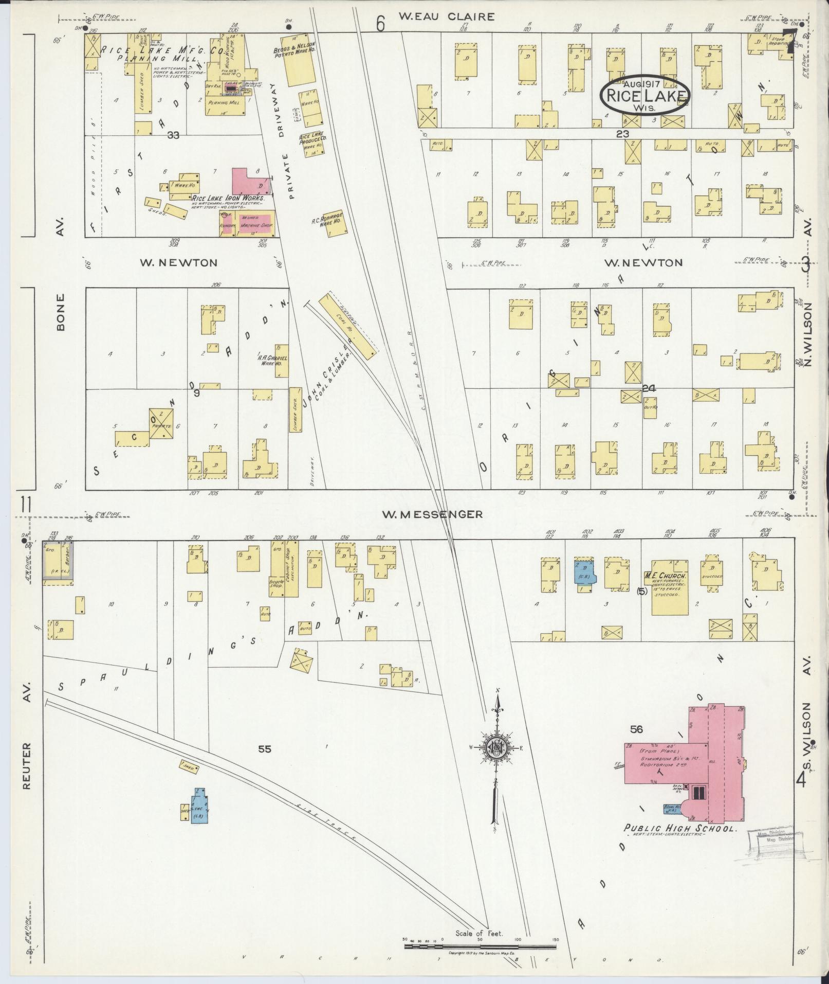 Sanborn Fire Insurance Map from Rice Lake, Barron County, Wisconsin (1917), Sheet #0007 - Historic Sanborn Fire Insurance Map Print, vintage old map wall art, antique decor, genealogy gift, Wisconsin Wisconsin map