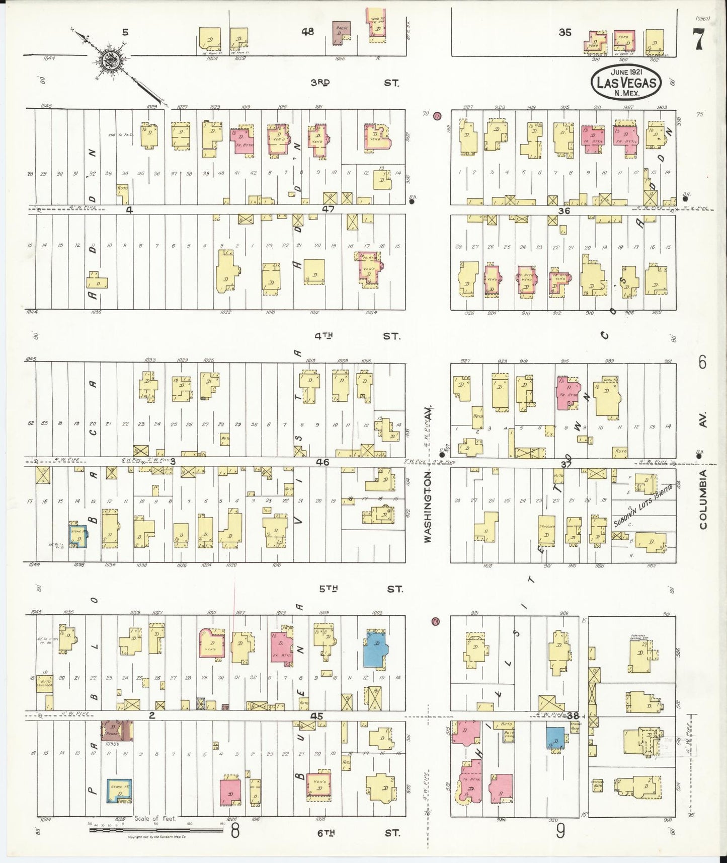 Sanborn Fire Insurance Map from Las Vegas, San Miguel County, New Mexico (1921), Sheet #0007 - Historic Sanborn Fire Insurance Map Print, vintage old map wall art, antique decor, genealogy gift, New Mexico New Mexico map