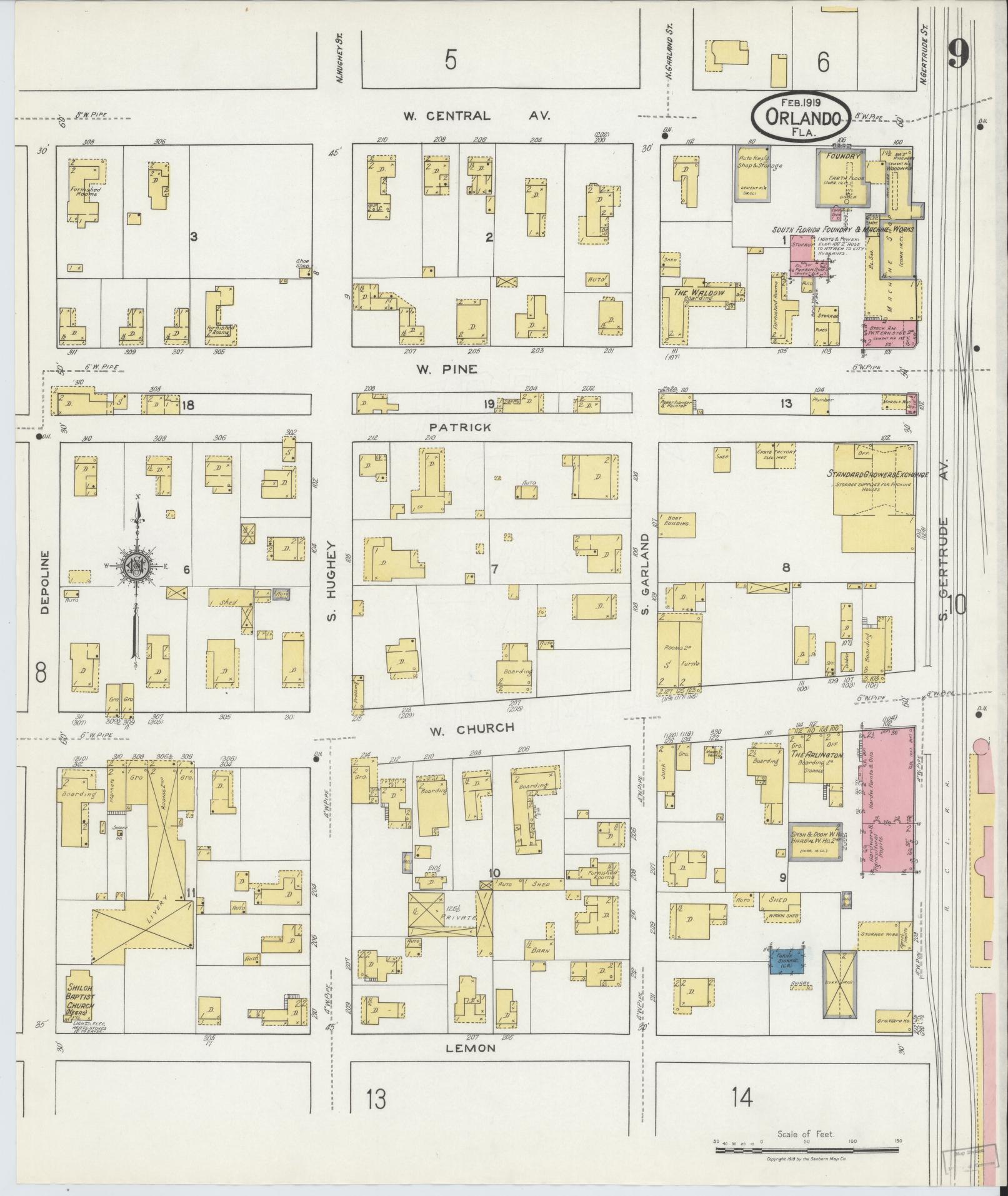 Sanborn Fire Insurance Map from Orlando, Orange County, Florida (1919), Sheet #0009 - Complete Map Set gallery image, historic Sanborn map, vintage wall art, Florida Florida