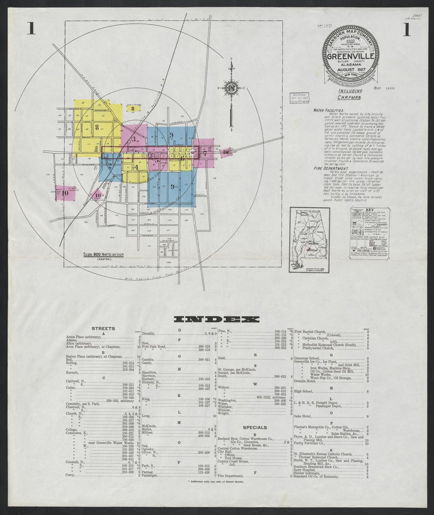 Sanborn Fire Insurance Map from Greenville, Butler County, Alabama (1927), Sheet #0001 - Historic Sanborn Fire Insurance Map Print, vintage old map wall art, antique decor, genealogy gift, Alabama Alabama map