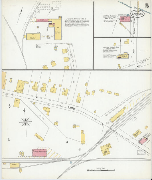 Sanborn Fire Insurance Map from Laurens, Laurens County, South Carolina (1901), Sheet #0005 - Historic Sanborn Fire Insurance Map Print, vintage old map wall art, antique decor, genealogy gift, South Carolina South Carolina map