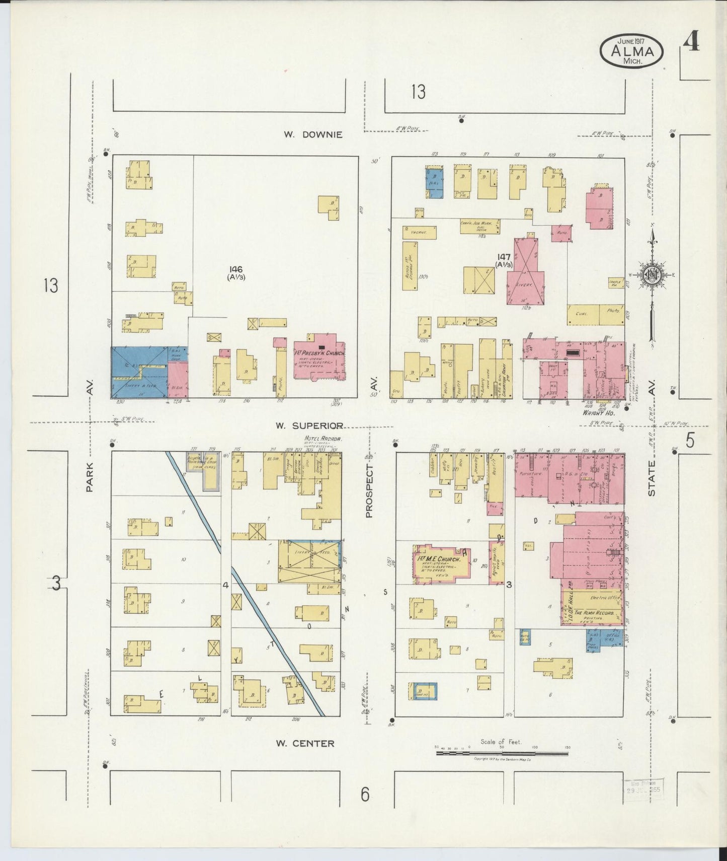 Sanborn Fire Insurance Map from Alma, Gratiot County, Michigan (1917), Sheet #0004 - Complete Map Set gallery image, historic Sanborn map, vintage wall art, Michigan Michigan