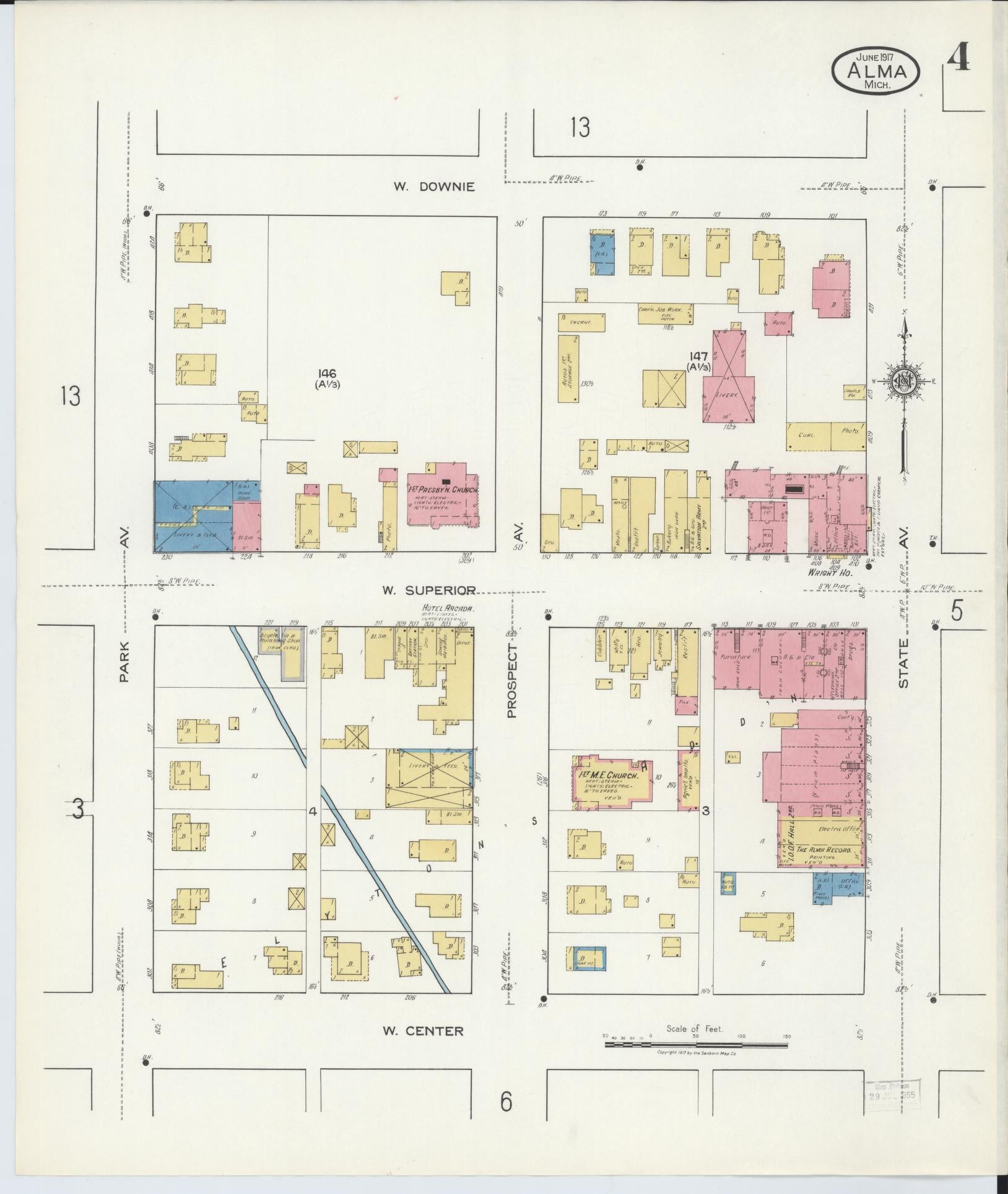 Sanborn Fire Insurance Map from Alma, Gratiot County, Michigan (1917), Sheet #0004 - Complete Map Set gallery image, historic Sanborn map, vintage wall art, Michigan Michigan