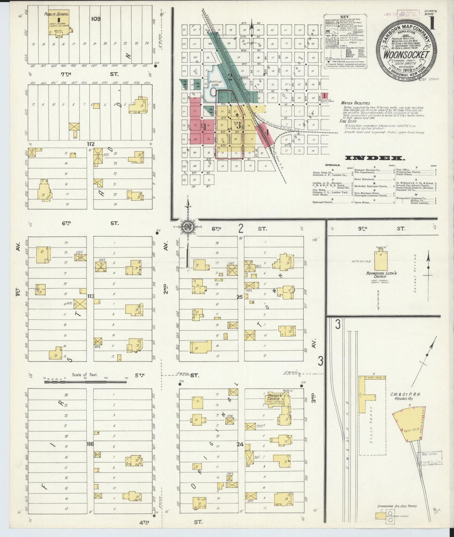 Sanborn Fire Insurance Map from Woonsocket, Sanborn County, South Dakota (1909), Sheet #0001 - Historic Sanborn Fire Insurance Map Print, vintage old map wall art, antique decor, genealogy gift, South Dakota South Dakota map
