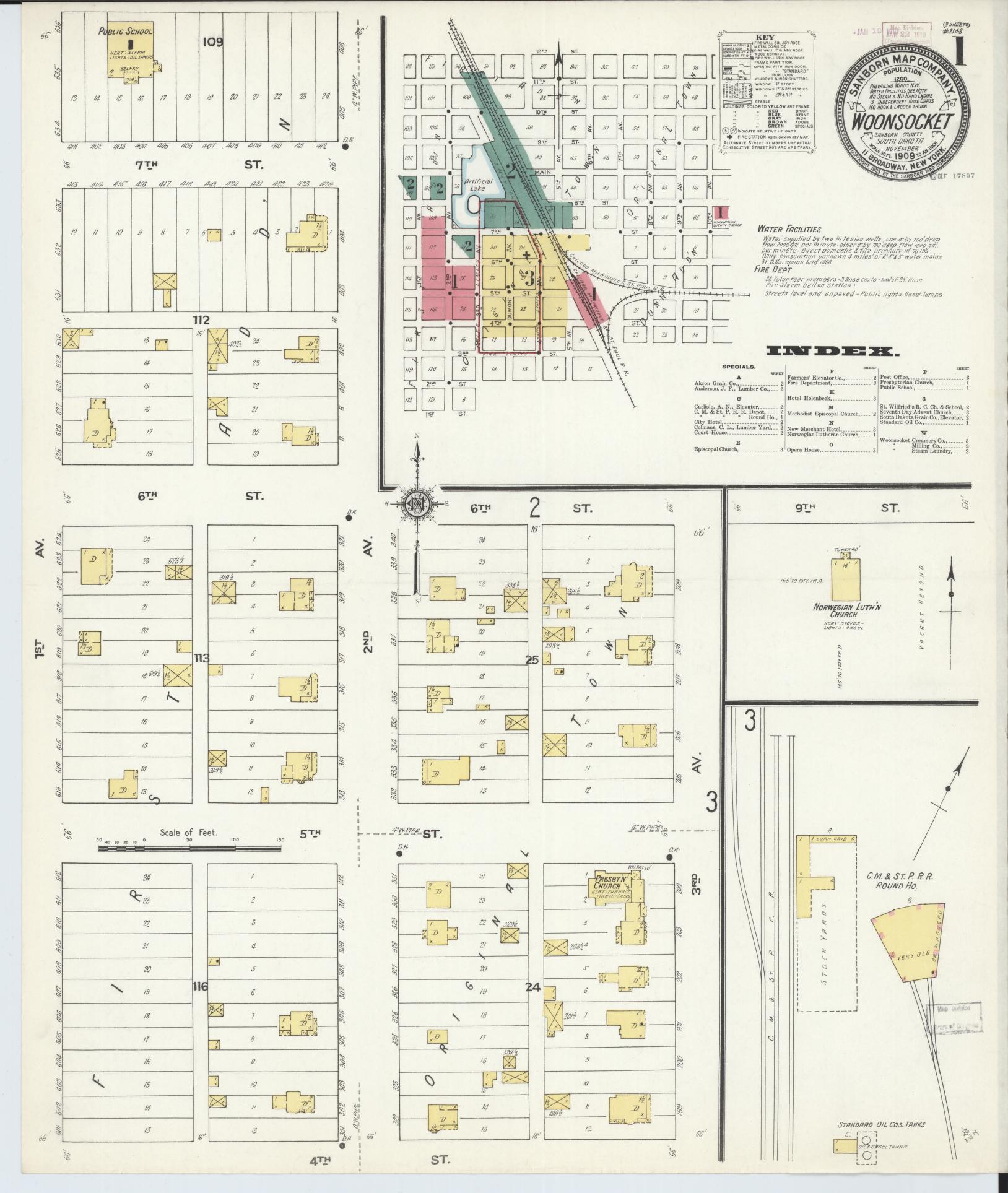 Sanborn Fire Insurance Map from Woonsocket, Sanborn County, South Dakota (1909), Sheet #0001 - Historic Sanborn Fire Insurance Map Print, vintage old map wall art, antique decor, genealogy gift, South Dakota South Dakota map