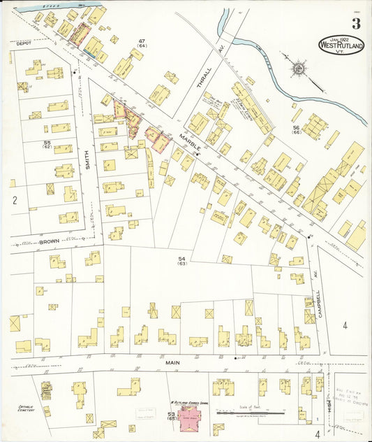 Sanborn Fire Insurance Map from West Rutland, Rutland County, Vermont (1922), Sheet #0003 - Historic Sanborn Fire Insurance Map Print, vintage old map wall art, antique decor, genealogy gift, Vermont Vermont map