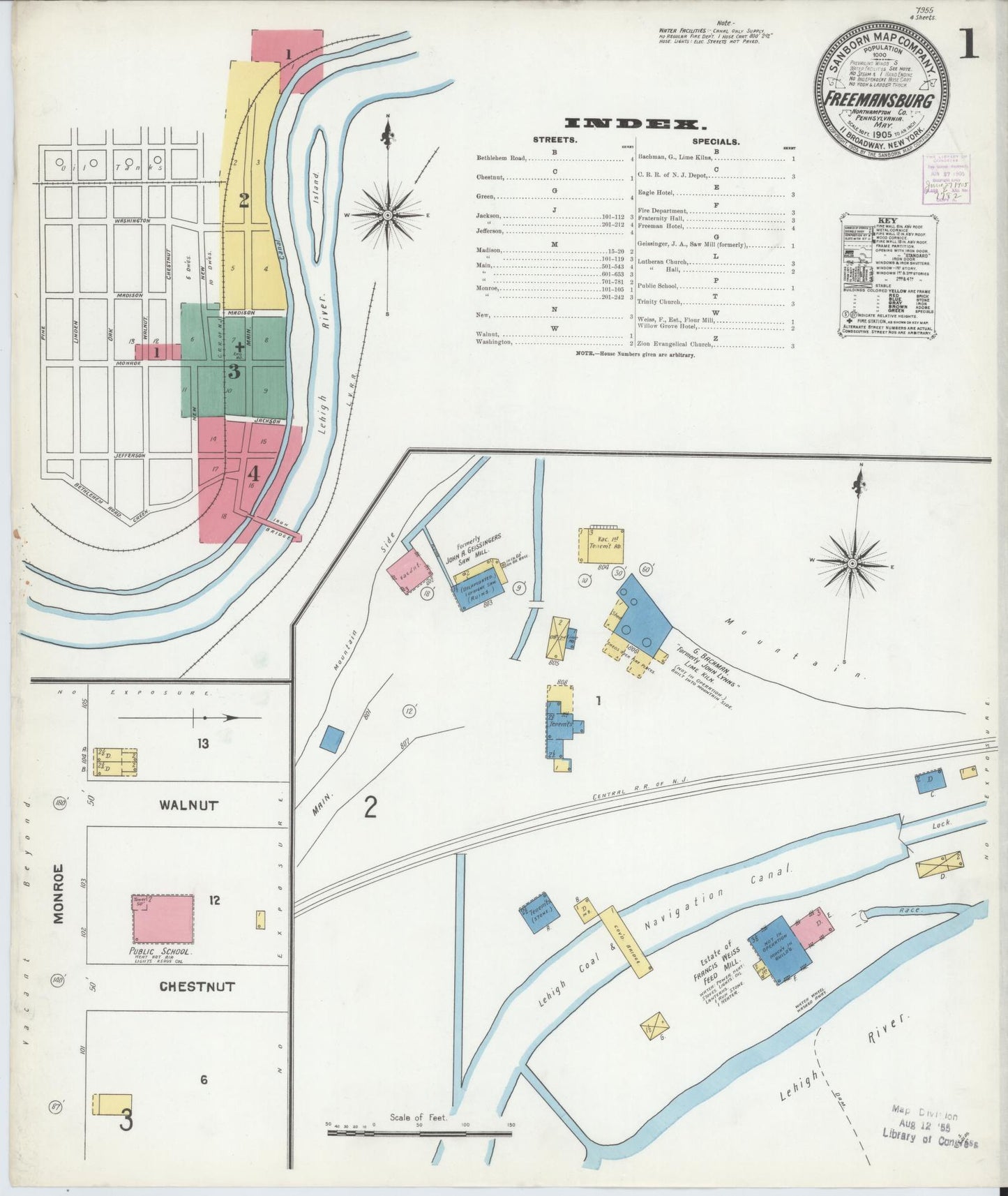 Sanborn Fire Insurance Map from Freemansburg, Northampton County, Pennsylvania (1905), Sheet #0001 - Historic Sanborn Fire Insurance Map Print, vintage old map wall art, antique decor, genealogy gift, Pennsylvania Pennsylvania map