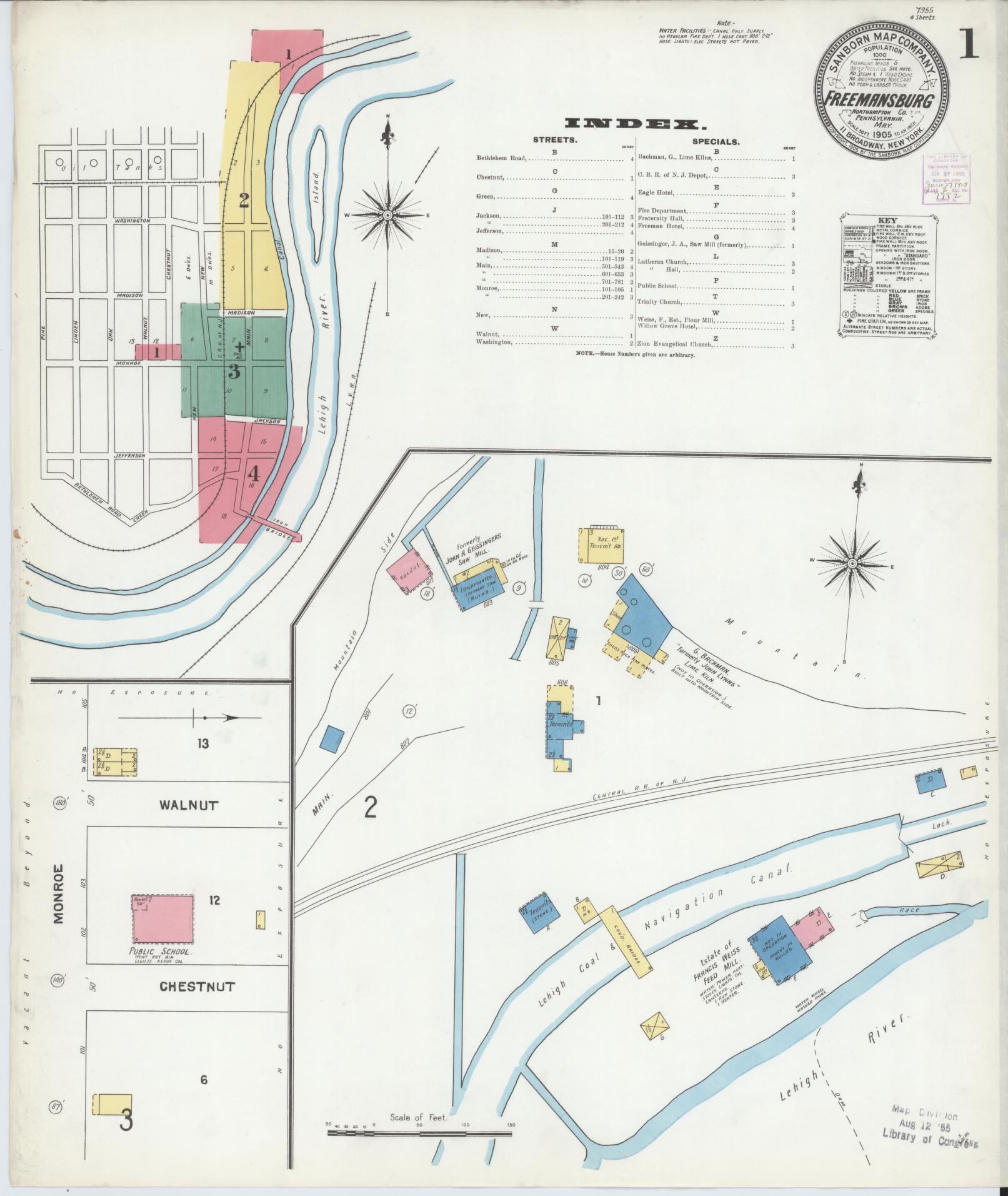 Sanborn Fire Insurance Map from Freemansburg, Northampton County, Pennsylvania (1905), Sheet #0001 - Historic Sanborn Fire Insurance Map Print, vintage old map wall art, antique decor, genealogy gift, Pennsylvania Pennsylvania map