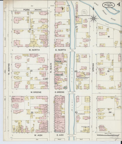Sanborn Fire Insurance Map from Piqua, Miami County, Ohio (1887), Sheet #0004 - Historic Sanborn Fire Insurance Map Print, vintage old map wall art, antique decor, genealogy gift, Ohio Ohio map