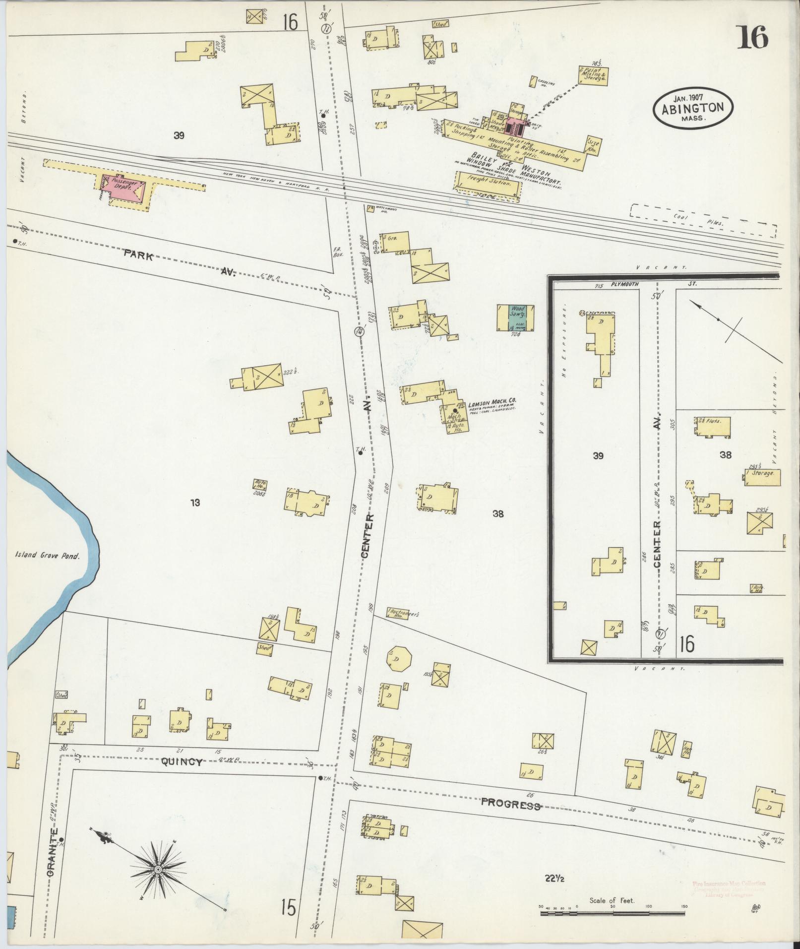 Sanborn Fire Insurance Map from Abington, Plymouth County, Massachusetts (1907), Sheet #0016 - Complete Map Set gallery image, historic Sanborn map, vintage wall art, Massachusetts Massachusetts