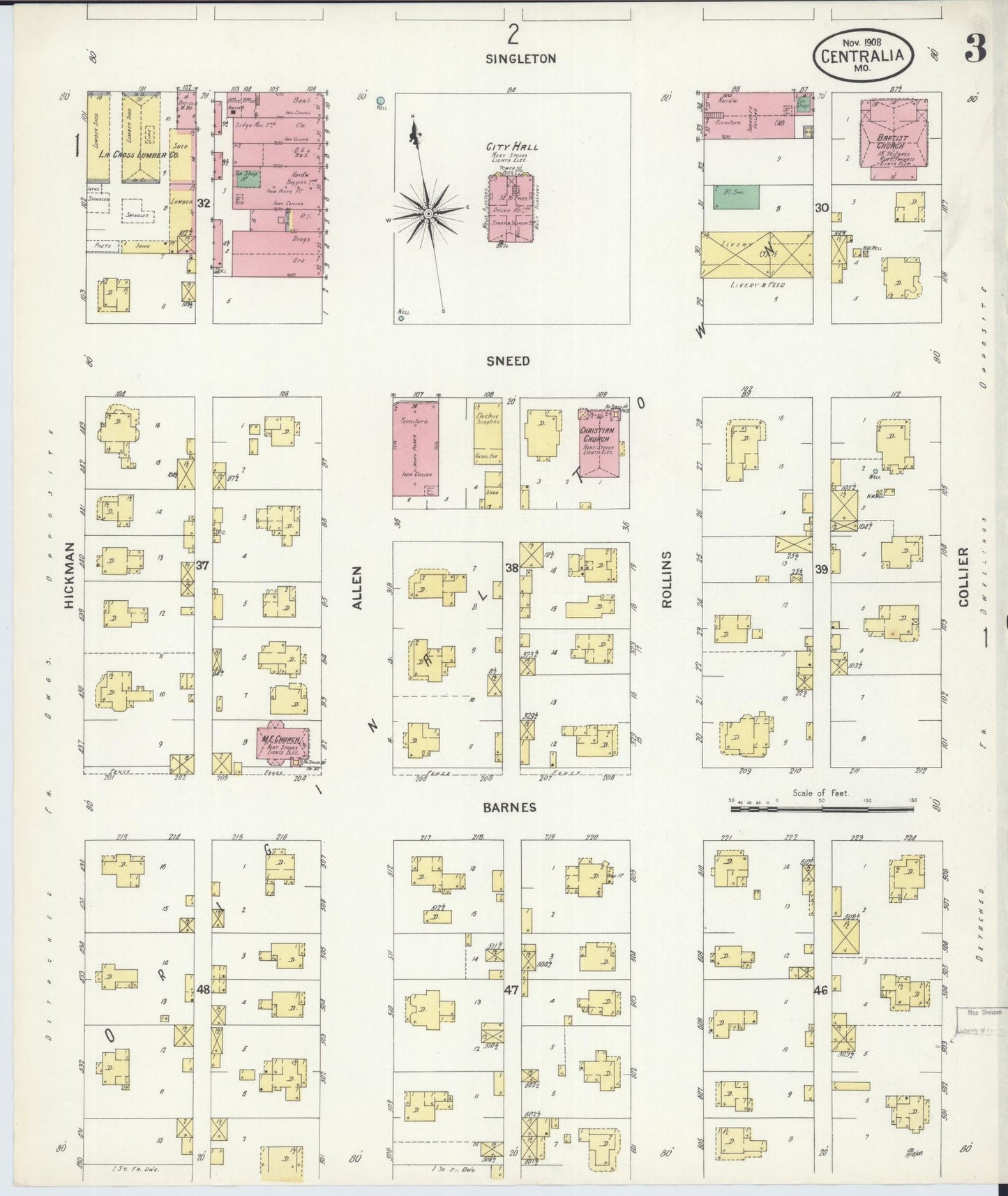Sanborn Fire Insurance Map from Centralia, Boone County, Missouri (1908), Sheet #0003 - Complete Map Set gallery image, historic Sanborn map, vintage wall art, Missouri Missouri