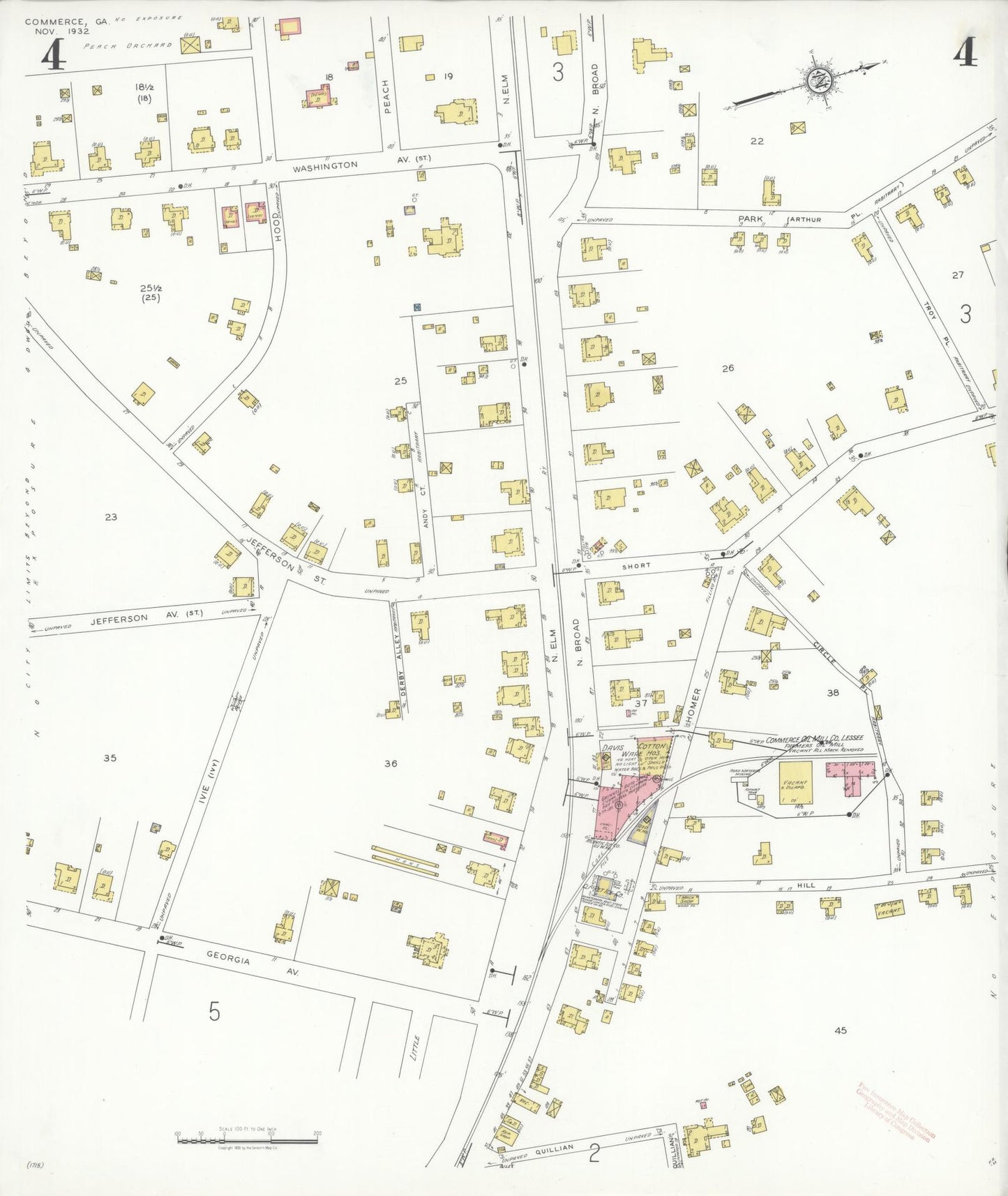Sanborn Fire Insurance Map from Commerce, Jackson County, Georgia (1932), Sheet #0004 - Historic Sanborn Fire Insurance Map Print, vintage old map wall art, antique decor, genealogy gift, Georgia Georgia map