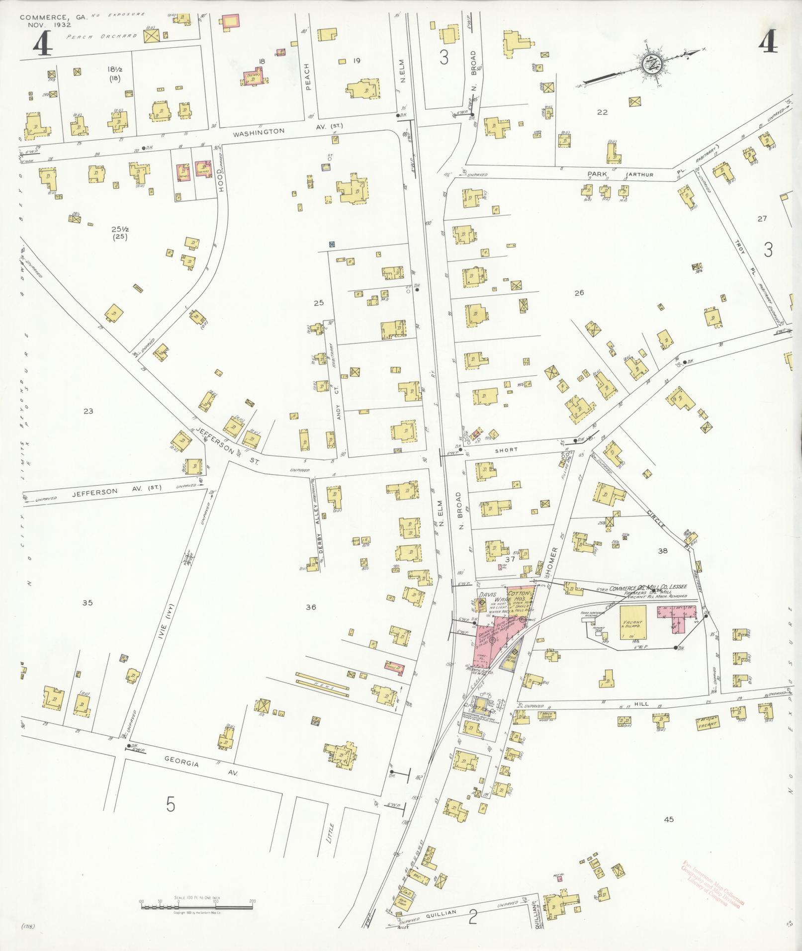 Sanborn Fire Insurance Map from Commerce, Jackson County, Georgia (1932), Sheet #0004 - Historic Sanborn Fire Insurance Map Print, vintage old map wall art, antique decor, genealogy gift, Georgia Georgia map