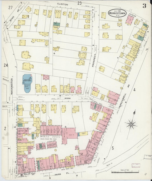 Sanborn Fire Insurance Map from Morristown, Morris County, New Jersey (1909), Sheet #0003 - Historic Sanborn Fire Insurance Map Print, vintage old map wall art, antique decor, genealogy gift, New Jersey New Jersey map