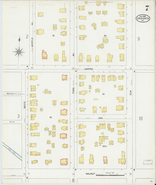 Sanborn Fire Insurance Map from Oneonta, Otsego County, New York (1905), Sheet #0007 - Historic Sanborn Fire Insurance Map Print, vintage old map wall art, antique decor, genealogy gift, New York New York map