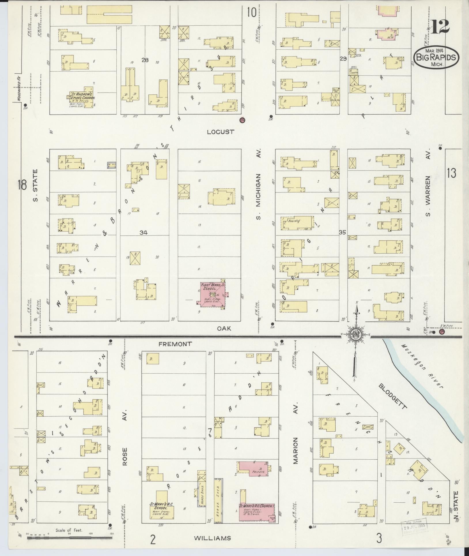 Sanborn Fire Insurance Map from Big Rapids, Mecosta County, Michigan (1914), Sheet #0012 - Historic Sanborn Fire Insurance Map Print, vintage old map wall art, antique decor, genealogy gift, Michigan Michigan map