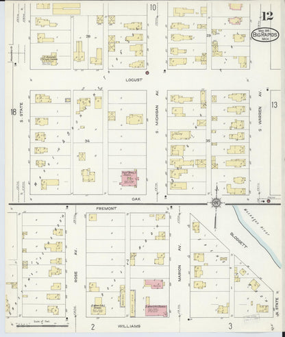 Sanborn Fire Insurance Map from Big Rapids, Mecosta County, Michigan (1914), Sheet #0012 - Historic Sanborn Fire Insurance Map Print, vintage old map wall art, antique decor, genealogy gift, Michigan Michigan map
