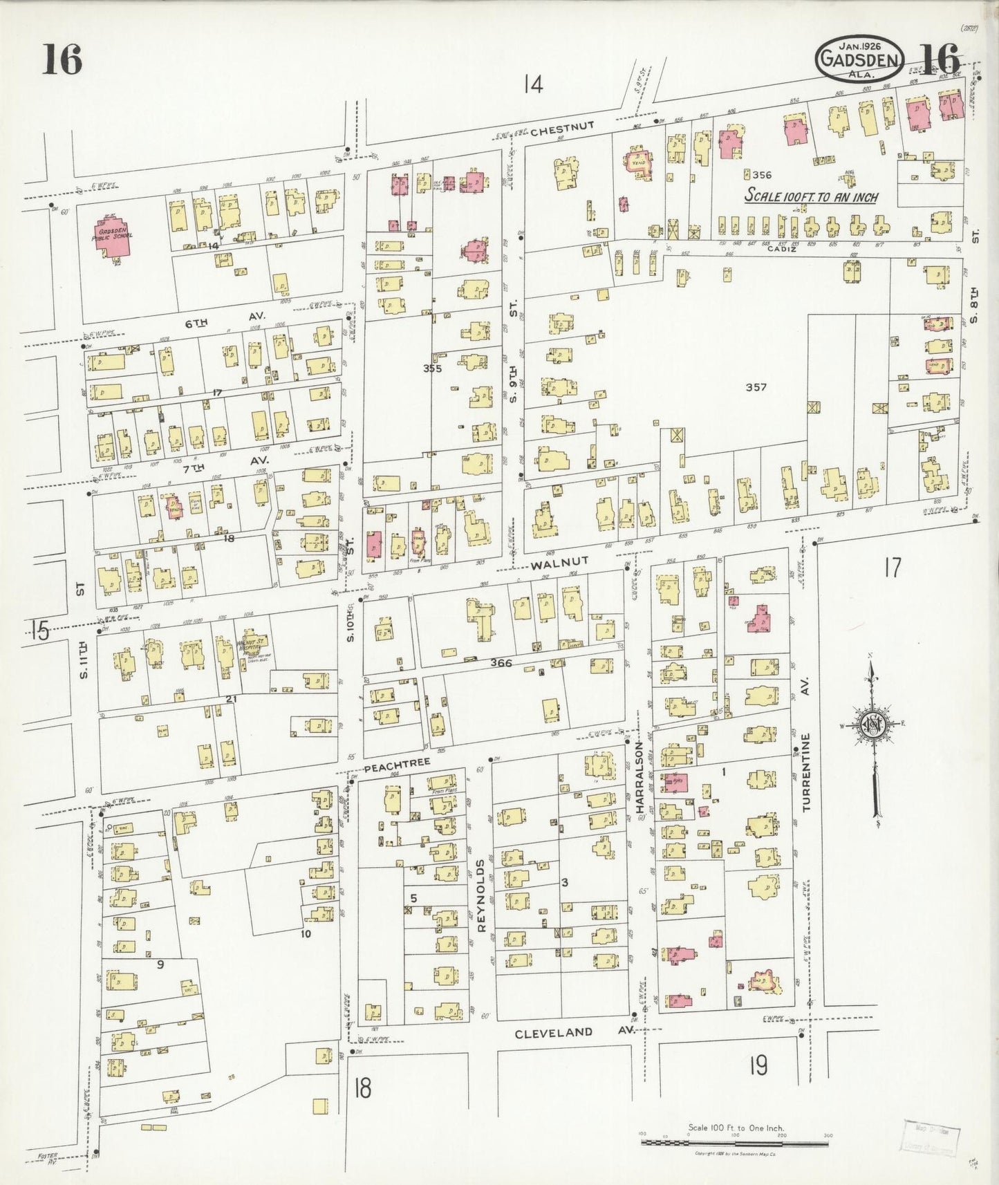 Sanborn Fire Insurance Map from Gadsden, Etowah County, Alabama (1926), Sheet #0016 - Complete Map Set gallery image, historic Sanborn map, vintage wall art, Alabama Alabama