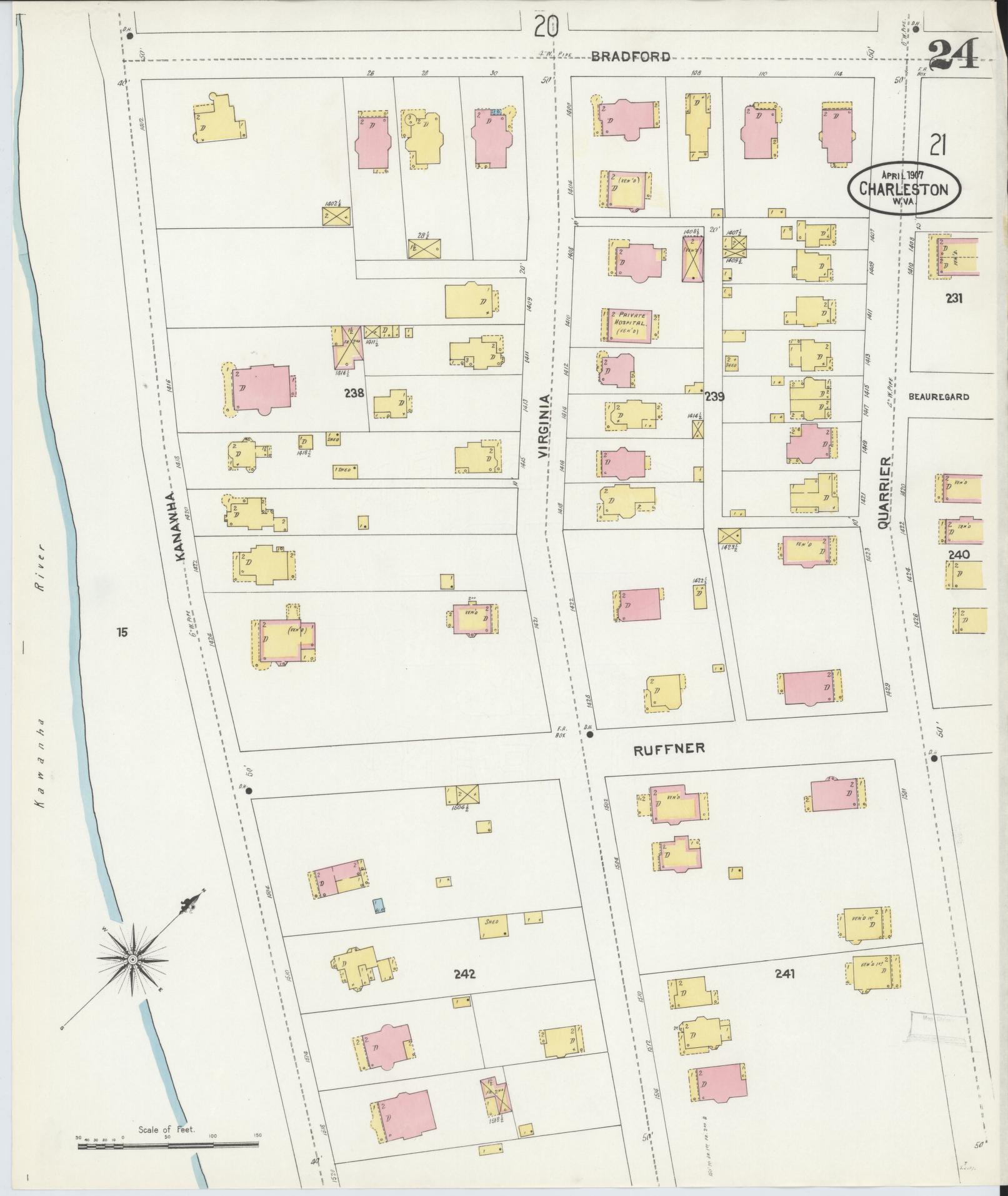 Sanborn Fire Insurance Map from Charleston, Kanawha County, West Virginia (1907), Sheet #0024 - Complete Map Set gallery image, historic Sanborn map, vintage wall art, West Virginia West Virginia