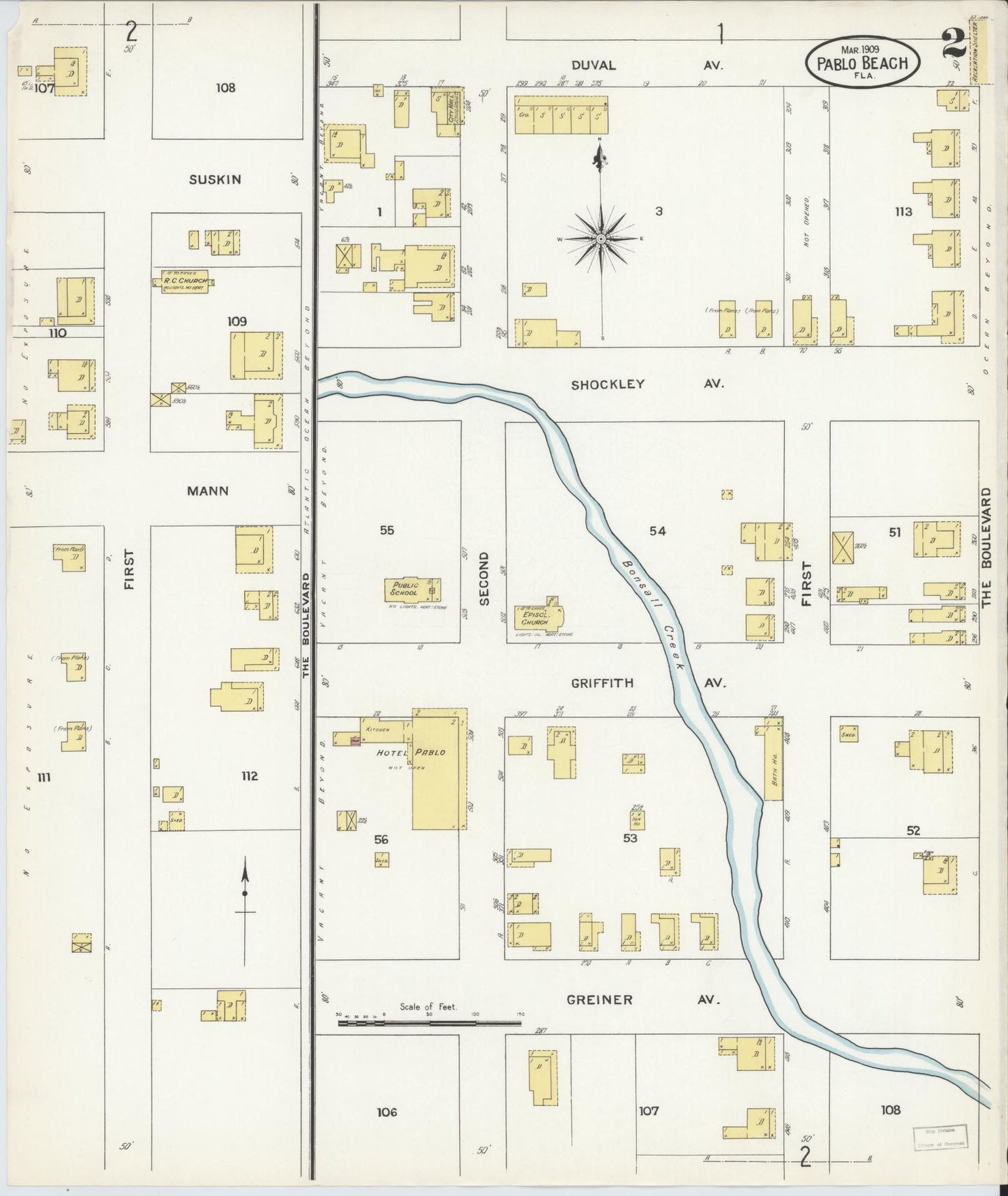 Sanborn Fire Insurance Map from Pablo Beach, Duval County, Florida (1909), Sheet #0002 - Complete Map Set gallery image, historic Sanborn map, vintage wall art, Florida Florida