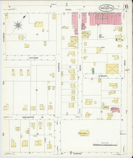 Sanborn Fire Insurance Map from Darlington, Darlington County, South Carolina (1908), Sheet #0006 - Historic Sanborn Fire Insurance Map Print, vintage old map wall art, antique decor, genealogy gift, South Carolina South Carolina map