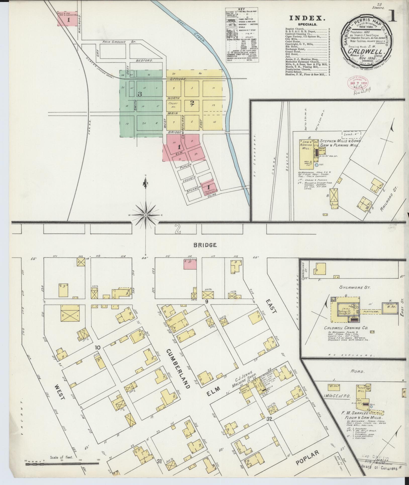Sanborn Fire Insurance Map from Caldwell, Noble County, Ohio (1895), Sheet #0001 - Historic Sanborn Fire Insurance Map Print, vintage old map wall art, antique decor, genealogy gift, Ohio Ohio map