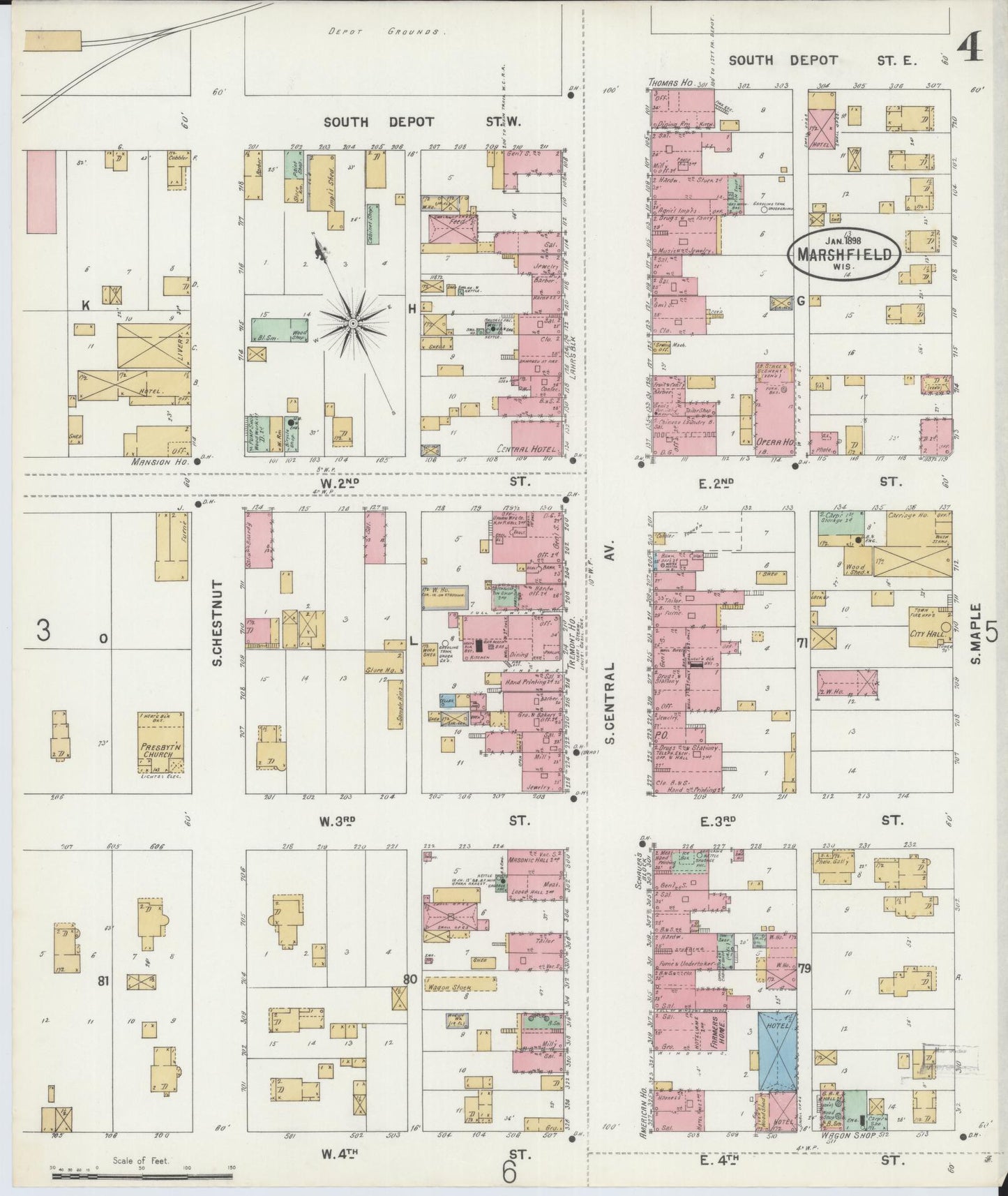 Sanborn Fire Insurance Map from Marshfield, Wood County, Wisconsin (1898), Sheet #0004 - Complete Map Set gallery image, historic Sanborn map, vintage wall art, Wisconsin Wisconsin