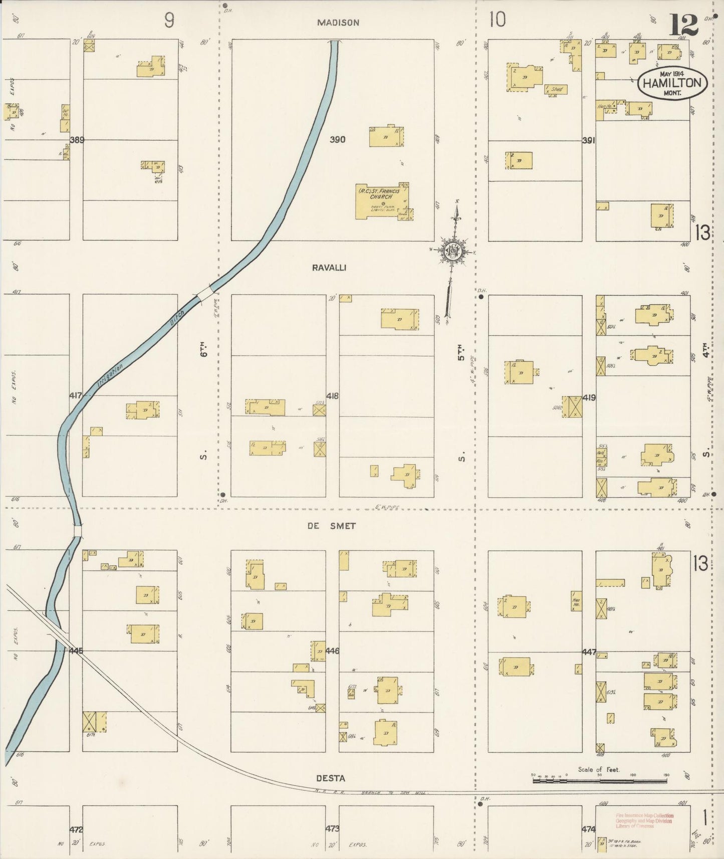 Sanborn Fire Insurance Map from Hamilton, Ravalli County, Montana (1914), Sheet #0012 - Historic Sanborn Fire Insurance Map Print, vintage old map wall art, antique decor, genealogy gift, Montana Montana map