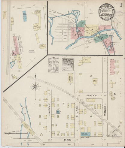 Sanborn Fire Insurance Map from Blackstone, Worcester County, Massachusetts (1885), Sheet #0001 - Historic Sanborn Fire Insurance Map Print, vintage old map wall art, antique decor, genealogy gift, Massachusetts Massachusetts map