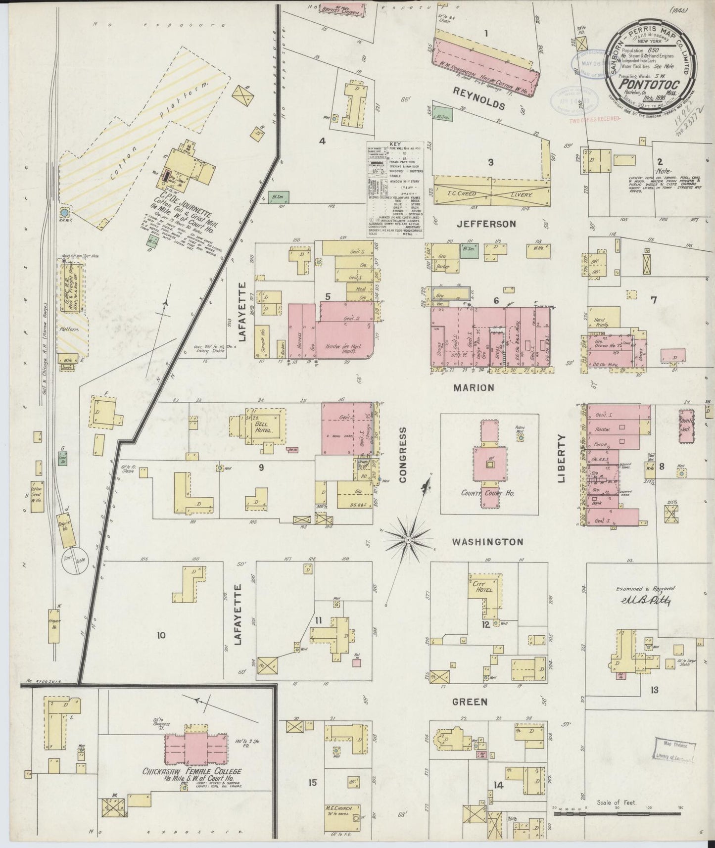 Sanborn Fire Insurance Map from Pontotoc, Pontotoc County, Mississippi (1895), Sheet #0001 - Historic Sanborn Fire Insurance Map Print, vintage old map wall art, antique decor, genealogy gift, Mississippi Mississippi map