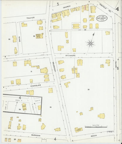 Sanborn Fire Insurance Map from Belmont, Middlesex County, Massachusetts (1905), Sheet #0004 - Historic Sanborn Fire Insurance Map Print, vintage old map wall art, antique decor, genealogy gift, Massachusetts Massachusetts map