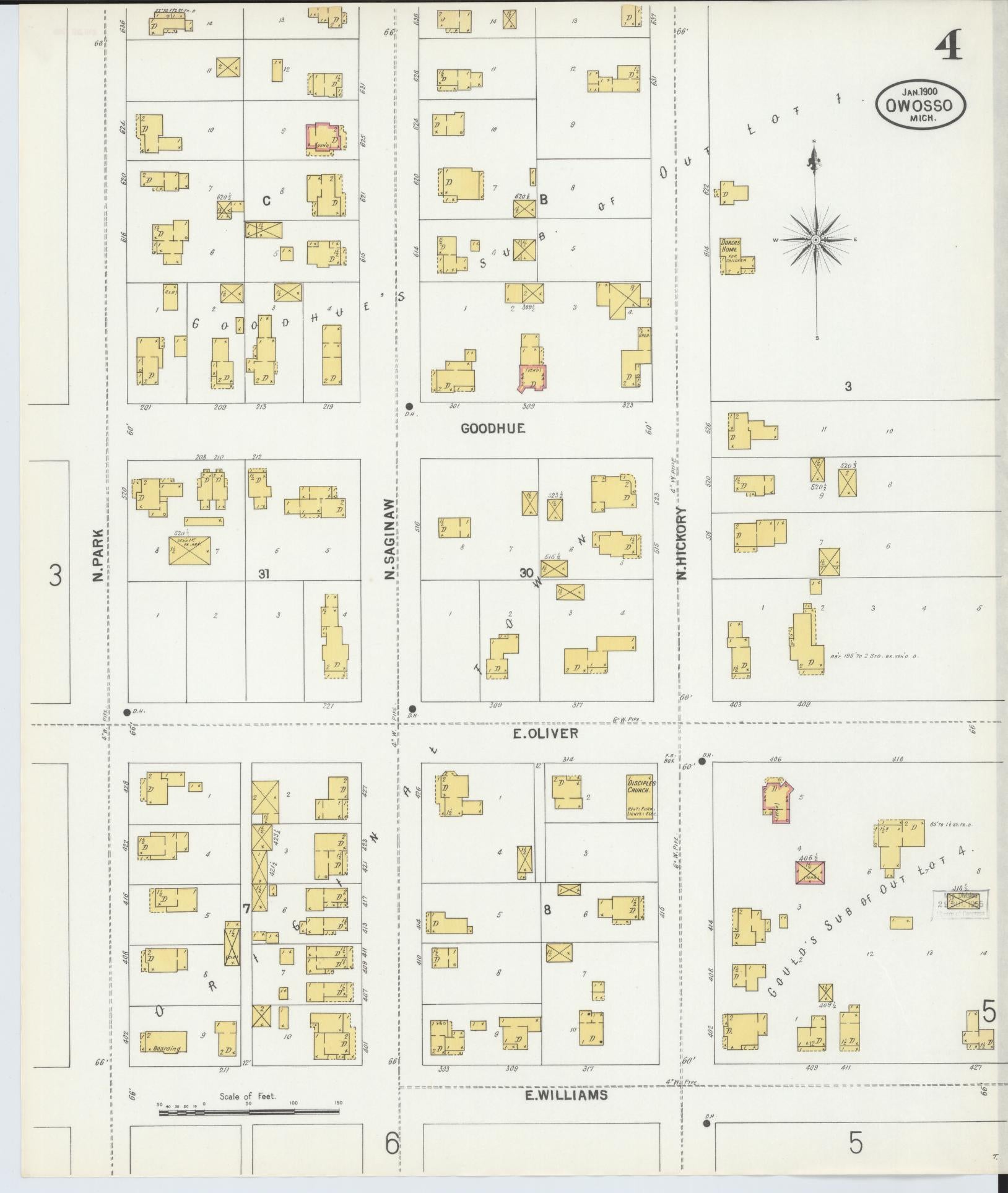 Sanborn Fire Insurance Map from Owosso, Shiawassee County, Michigan (1900), Sheet #0004 - Historic Sanborn Fire Insurance Map Print, vintage old map wall art, antique decor, genealogy gift, Michigan Michigan map