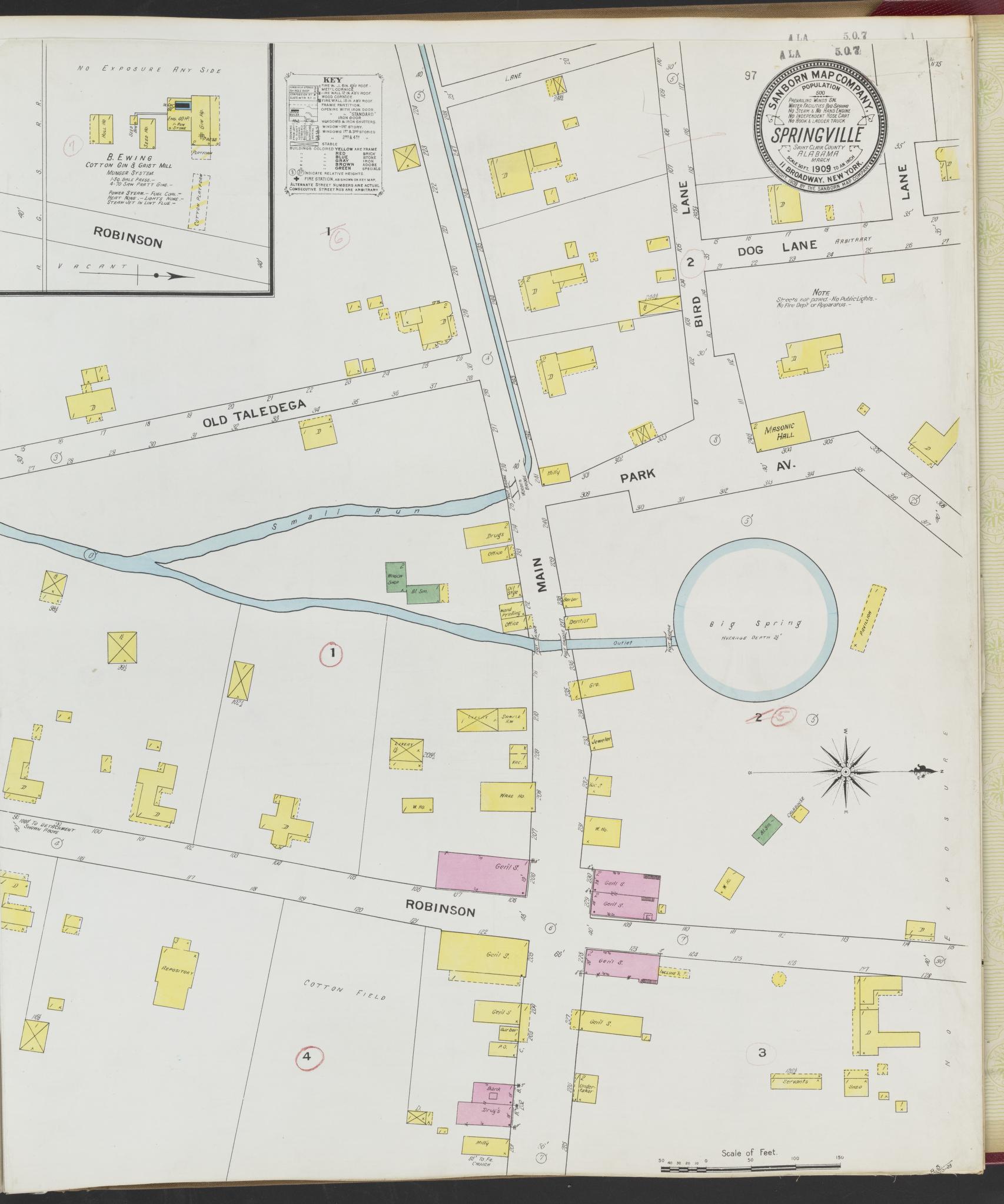 Sanborn Fire Insurance Map from Springville, Saint Clair County, Alabama (1909), Sheet #0001 - Complete Map Set gallery image, historic Sanborn map, vintage wall art, Alabama Alabama