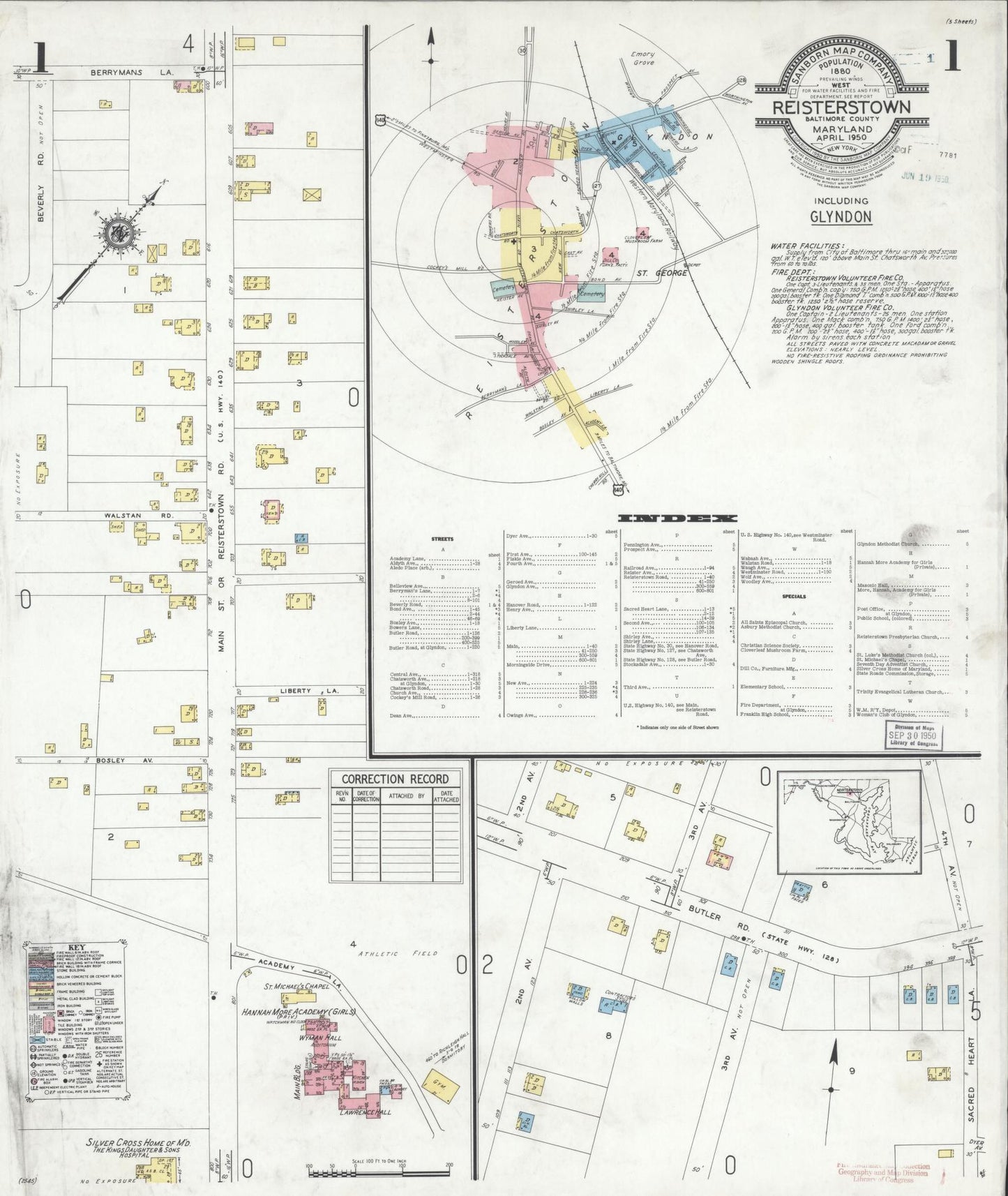 Sanborn Fire Insurance Map from Reisterstown, Baltimore County, Maryland (1950), Sheet #0001 - Historic Sanborn Fire Insurance Map Print, vintage old map wall art