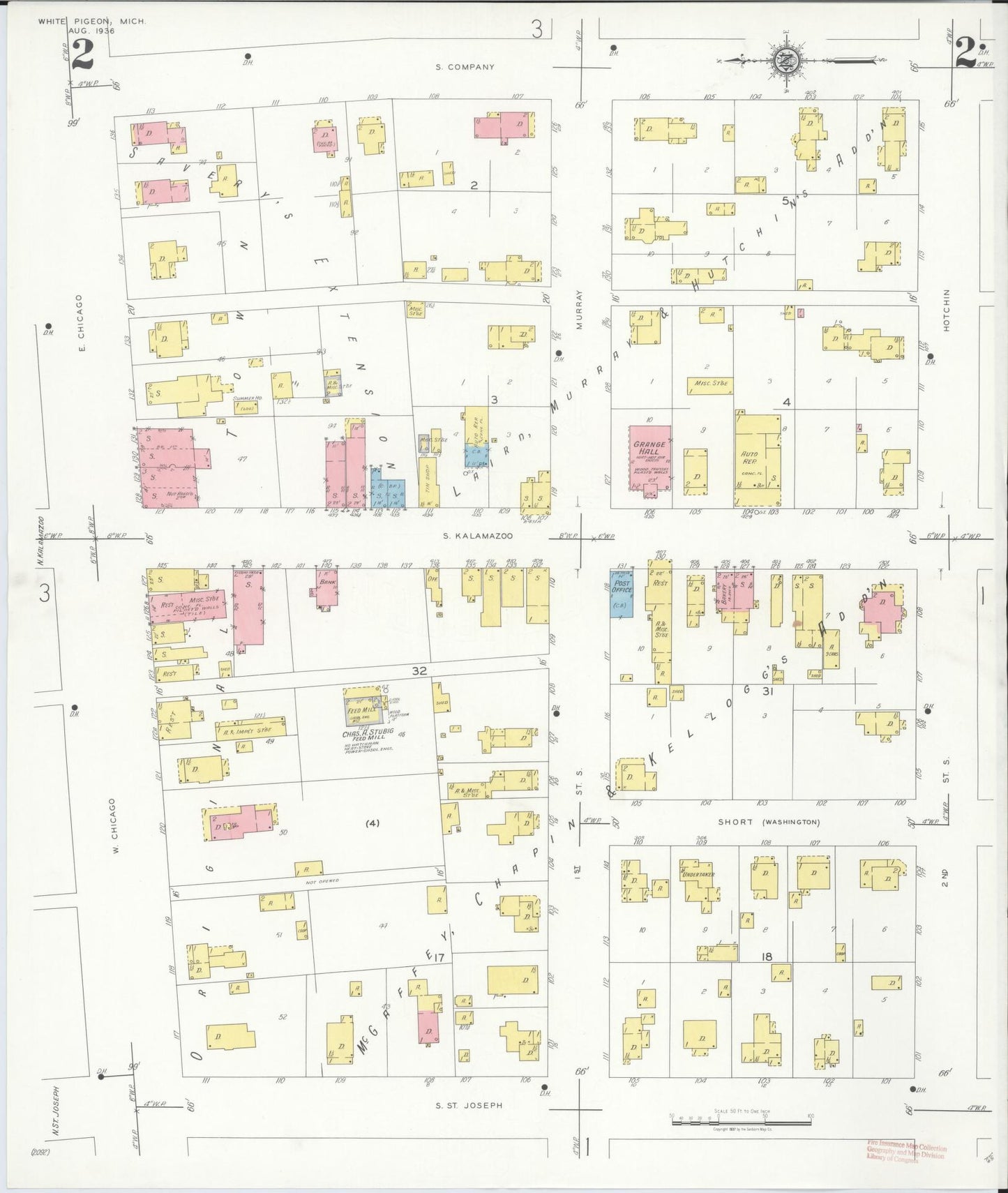 Sanborn Fire Insurance Map from White Pigeon, Saint Joseph County, Michigan (1936), Sheet #0002 - Historic Sanborn Fire Insurance Map Print, vintage old map wall art, antique decor, genealogy gift, Michigan Michigan map