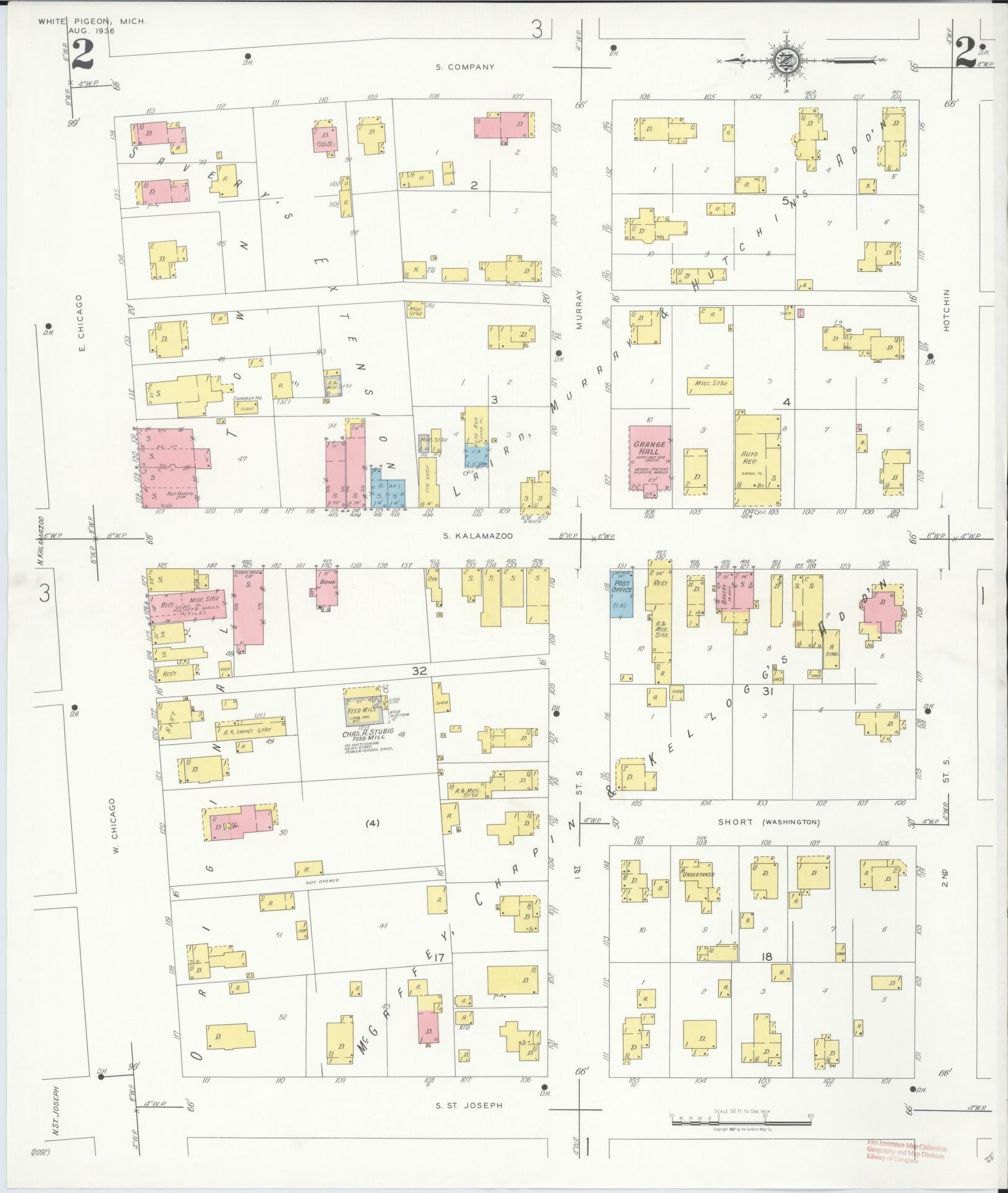 Sanborn Fire Insurance Map from White Pigeon, Saint Joseph County, Michigan (1936), Sheet #0002 - Historic Sanborn Fire Insurance Map Print, vintage old map wall art, antique decor, genealogy gift, Michigan Michigan map