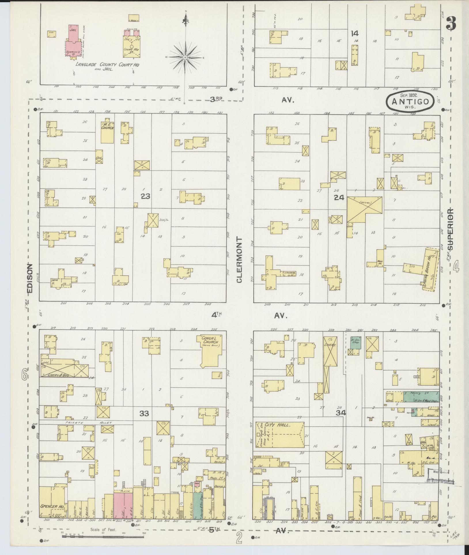 Sanborn Fire Insurance Map from Antigo, Langlade County, Wisconsin (1892), Sheet #0003 - Historic Sanborn Fire Insurance Map Print, vintage old map wall art, antique decor, genealogy gift, Wisconsin Wisconsin map