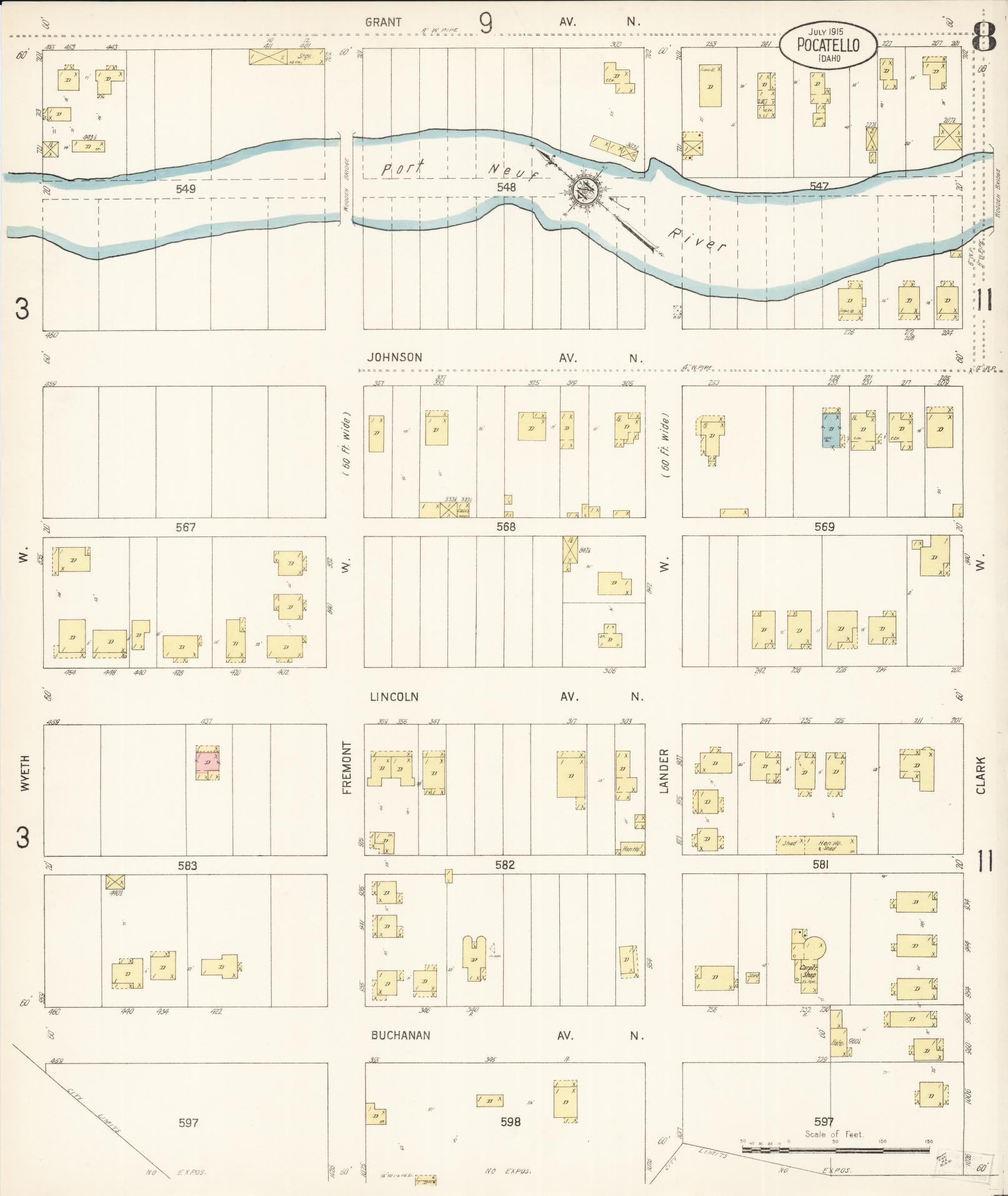 Sanborn Fire Insurance Map from Pocatello, Bannock County, Idaho (1915), Sheet #0008 - Complete Map Set gallery image, historic Sanborn map, vintage wall art, Idaho Idaho