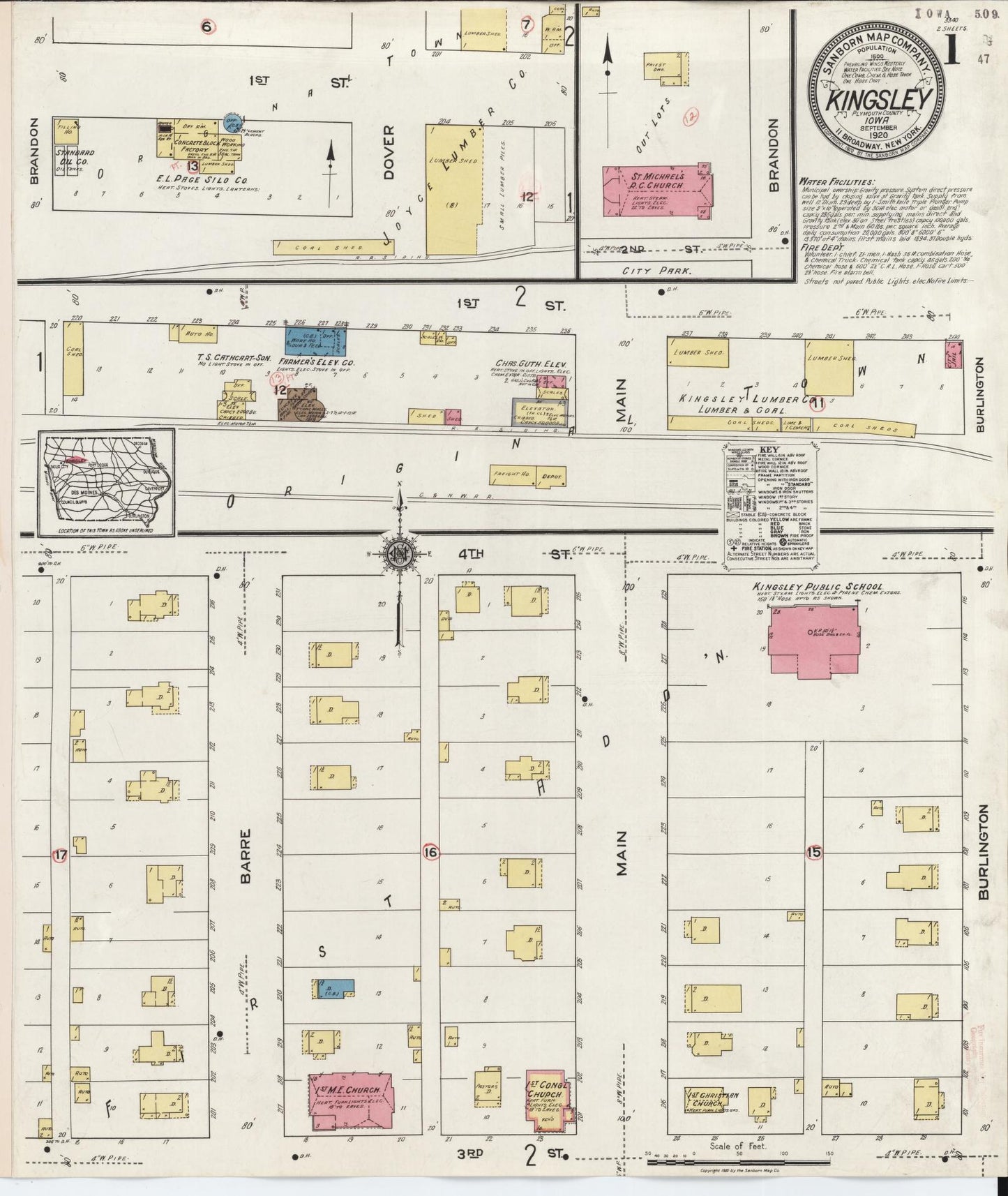 Sanborn Fire Insurance Map from Kingsley, Plymouth County, Iowa (1920), Sheet #0001 - Historic Sanborn Fire Insurance Map Print, vintage old map wall art