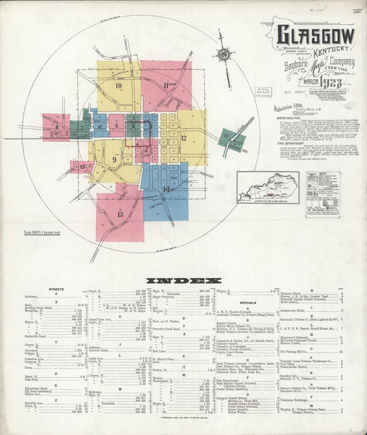 Sanborn Fire Insurance Map from Glasgow, Barren County, Kentucky (1923), Sheet #0001 - Complete Map Set gallery image, historic Sanborn map, vintage wall art, Kentucky Kentucky
