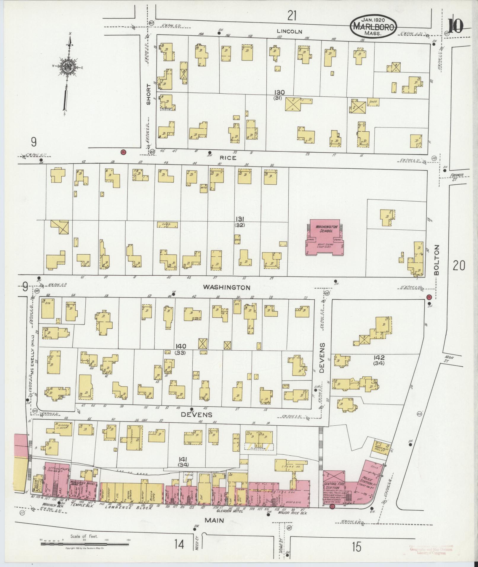 Sanborn Fire Insurance Map from Marlborough, Middlesex County, Massachusetts (1920), Sheet #0010 - Historic Sanborn Fire Insurance Map Print, vintage old map wall art, antique decor, genealogy gift, Massachusetts Massachusetts map