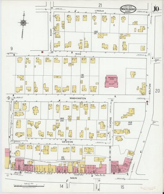 Sanborn Fire Insurance Map from Marlborough, Middlesex County, Massachusetts (1920), Sheet #0010 - Historic Sanborn Fire Insurance Map Print, vintage old map wall art, antique decor, genealogy gift, Massachusetts Massachusetts map