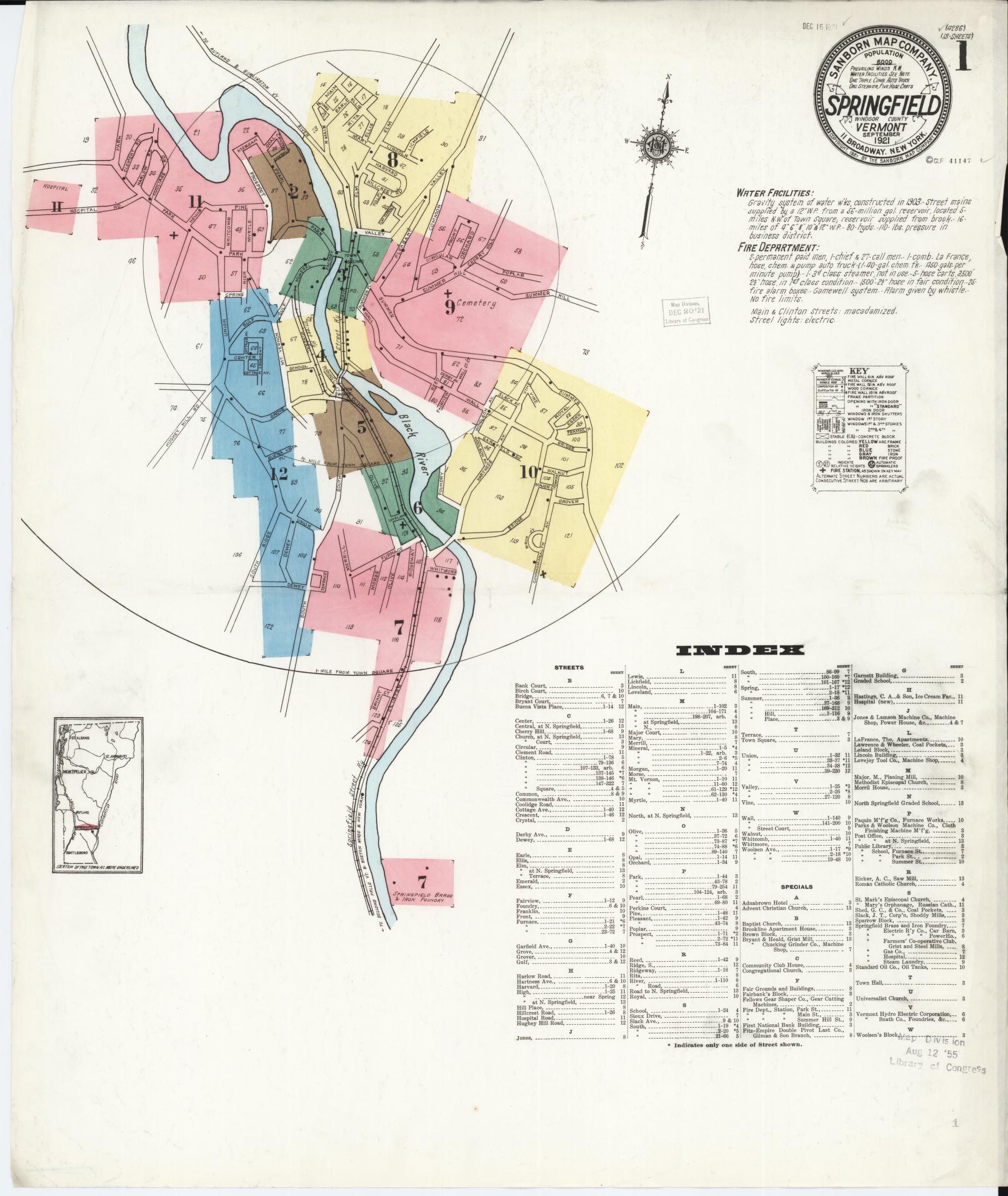 Sanborn Fire Insurance Map from Springfield, Windsor County, Vermont. (1921) – Historic Sanborn Fire Insurance Map Print