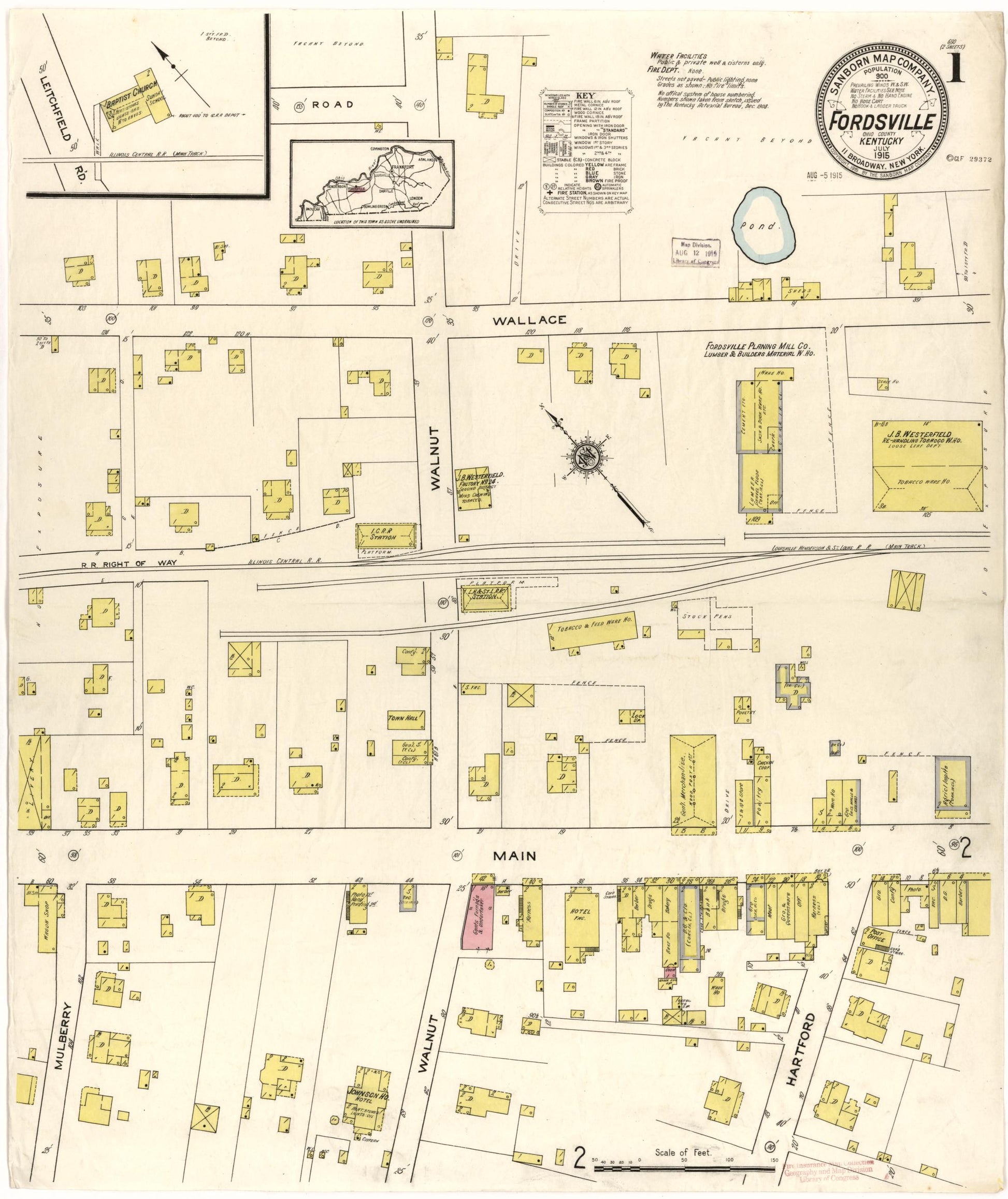Sanborn Fire Insurance Map from Fordsville, Ohio County, Kentucky (1915), Sheet #0001 - Historic Sanborn Fire Insurance Map Print, vintage old map wall art, antique decor, genealogy gift, Kentucky Kentucky map