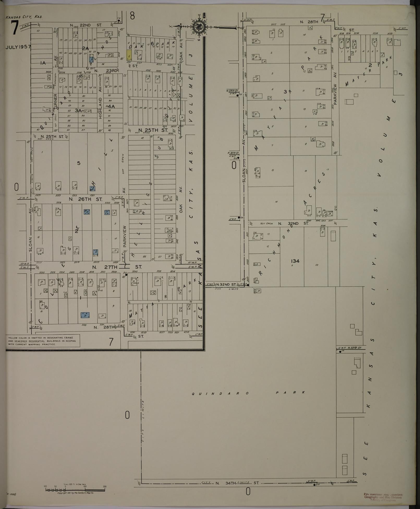 Sanborn Fire Insurance Map from Kansas City, Wyandotte County, Kansas (1957), Sheet #0007 - Historic Sanborn Fire Insurance Map Print, vintage old map wall art, antique decor, genealogy gift, Kansas Kansas map
