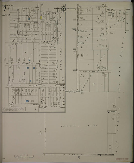 Sanborn Fire Insurance Map from Kansas City, Wyandotte County, Kansas (1957), Sheet #0007 - Historic Sanborn Fire Insurance Map Print, vintage old map wall art, antique decor, genealogy gift, Kansas Kansas map