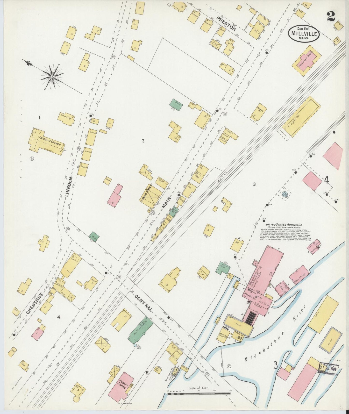 Sanborn Fire Insurance Map from Millville, Worcester County, Massachusetts (1903), Sheet #0002 - Historic Sanborn Fire Insurance Map Print, vintage old map wall art, antique decor, genealogy gift, Massachusetts Massachusetts map