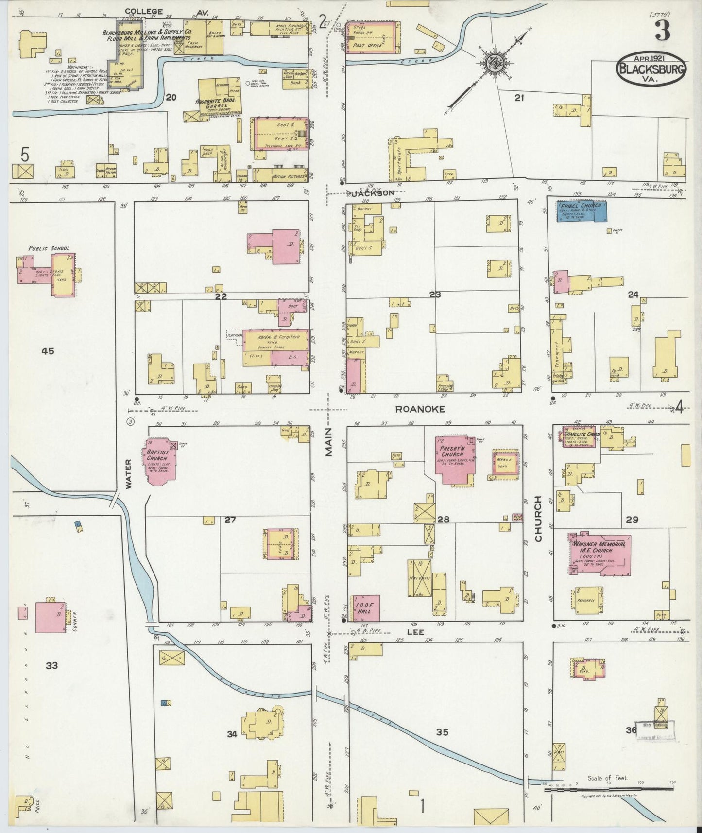 Sanborn Fire Insurance Map from Blacksburg, Montgomery County, Virginia (1921), Sheet #0003 - Historic Sanborn Fire Insurance Map Print, vintage old map wall art, antique decor, genealogy gift, Virginia Virginia map